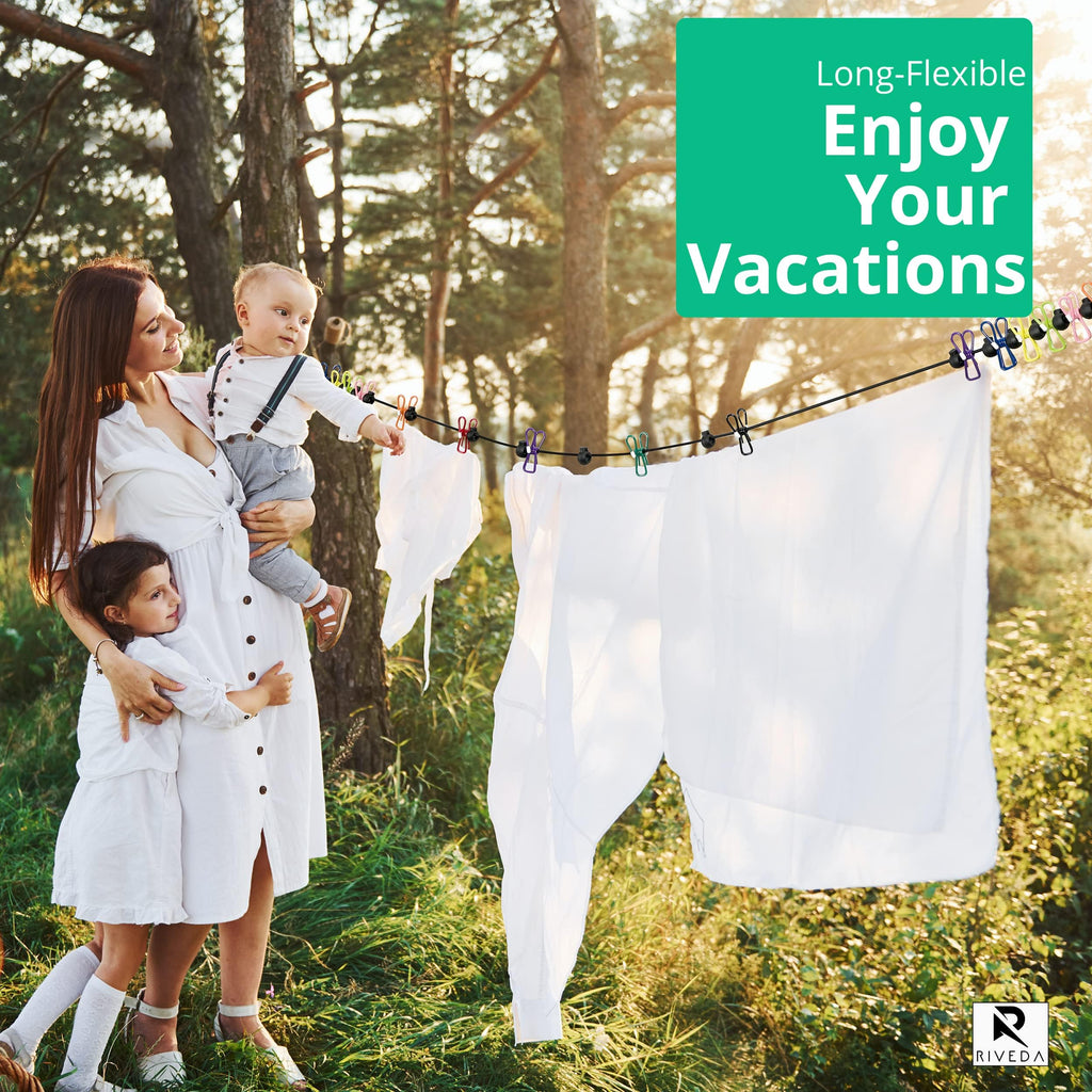 Portable Travel Clothesline With 15 Colorful Clips & Bag, Elastic Rv & Camping Clothes Line For Indoor Laundry Drying Line & Out