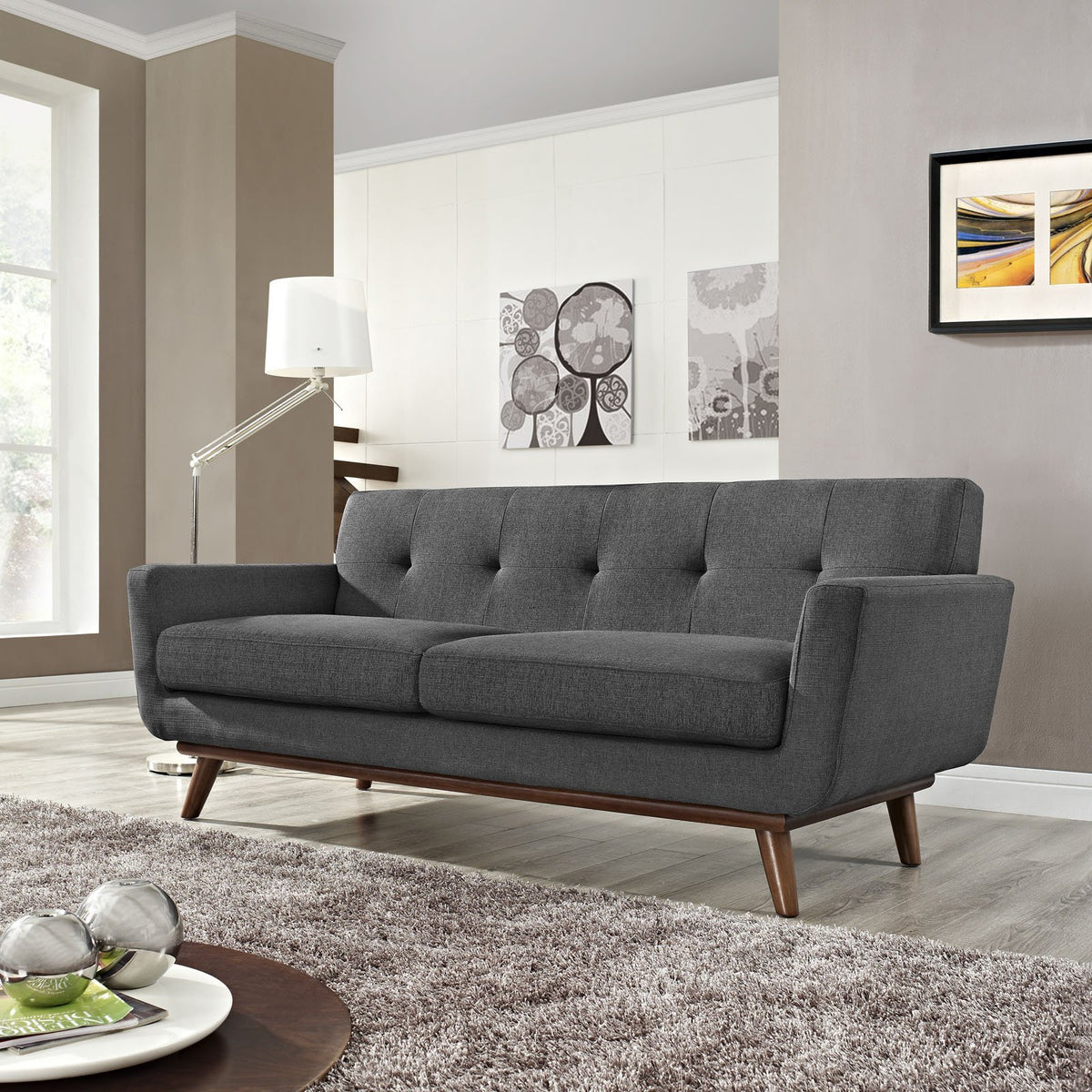 Modway Engage Mid-Century Modern Upholstered Fabric Loveseat in Gray