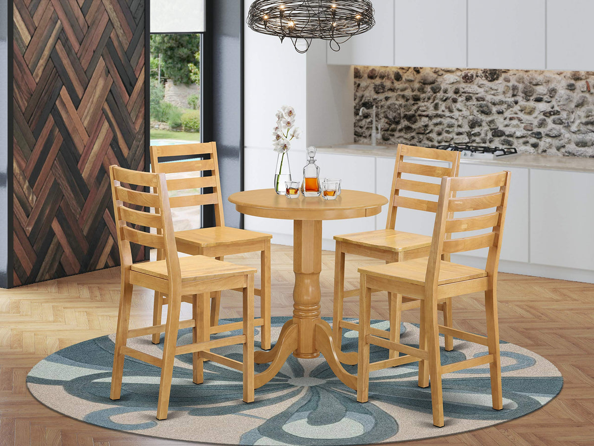 East West Furniture EDCF5-OAK-W 5 Piece Kitchen Counter Set Includes a Round Dining Table with Pedestal and 4 Dining Room Chairs, 30x30 Inch, Oak