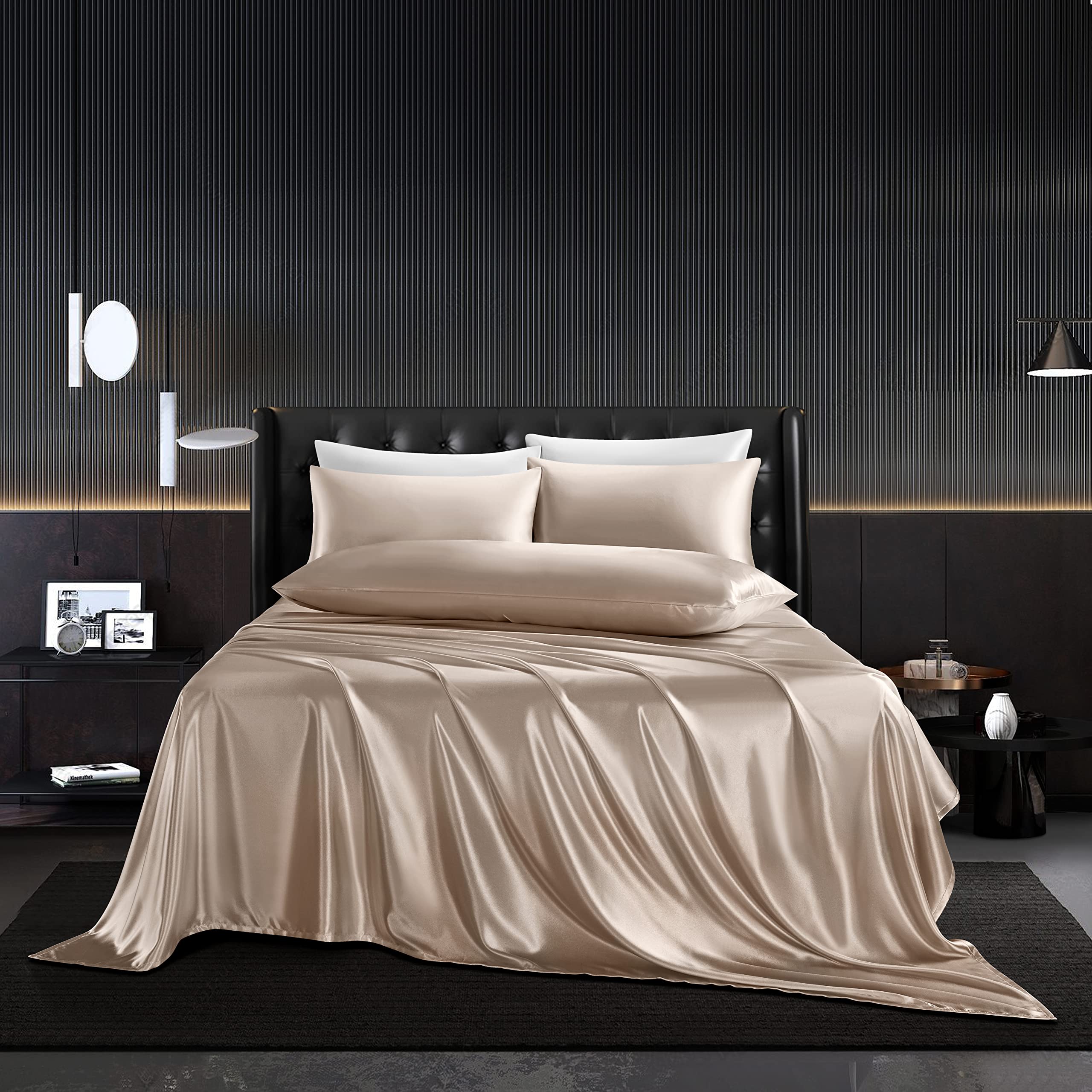 Hommxjf 4Pcs Satin Sheets Set Twin Size Sheets Taupe Sheets Silky Breathable Luxury Bedding Sheets With 1 Satin Flat Sheet,1Deep