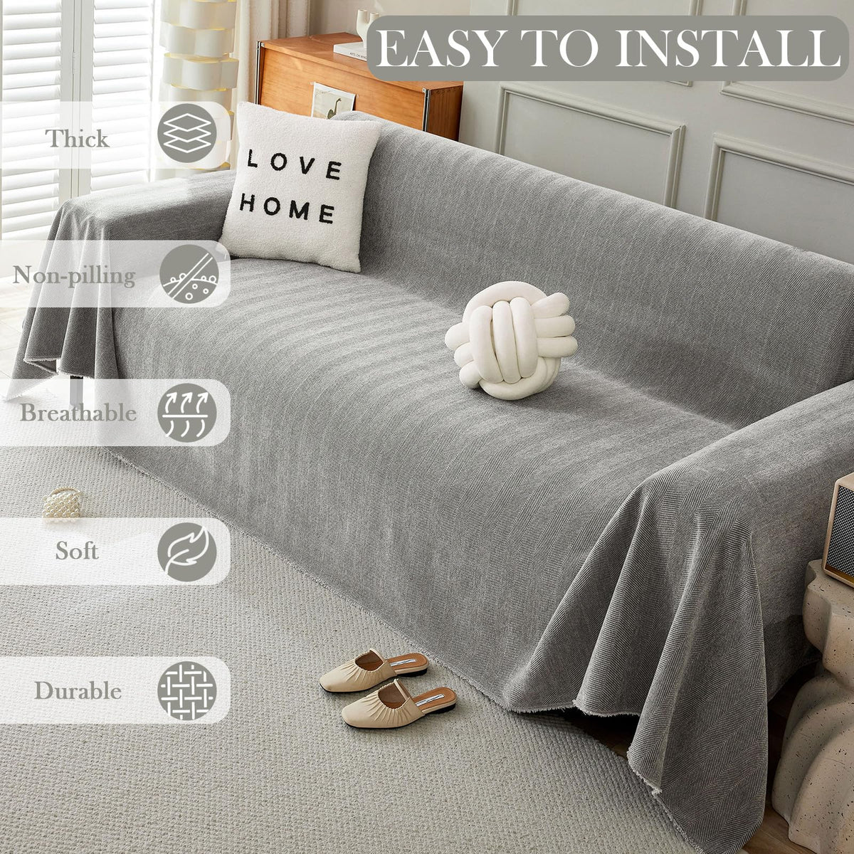 Handontime Couch Slipcovers For Sofas Dark Grey Couch Cover Sofa Cover For Dogs Boho Pet Couch Protector With Tassel Couch Throw Cover Chenille Herringbone Couch Cover Sofa 2 3 Seat Cover, 91' X134'