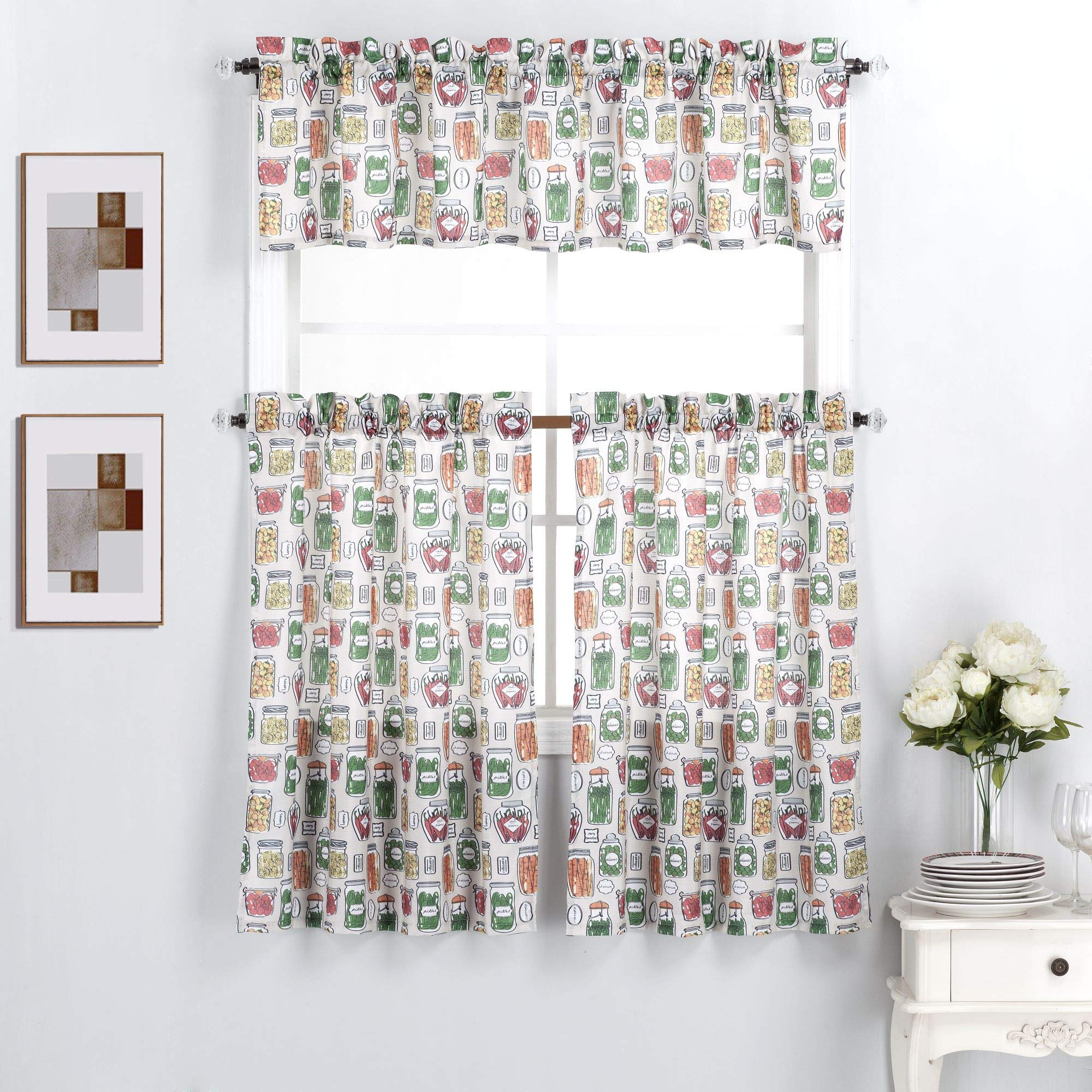 Interior Trends 3 Piece Kitchen Window Curtain Panel Tiers And Valance Set (36' Tiers Set, Vegetable Jars)