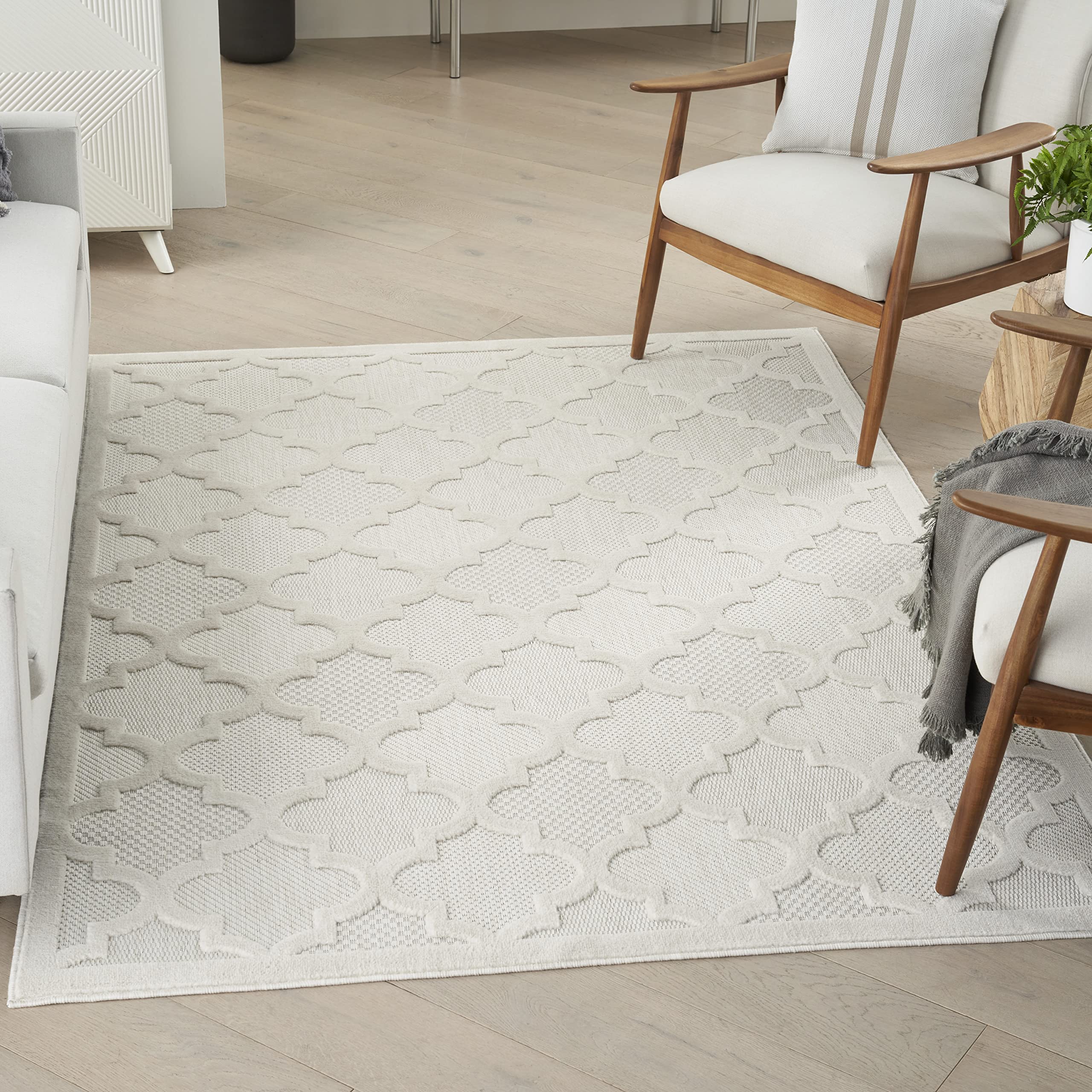 Nourison Easy Care Indoor/Outdoor Ivory/White 6 x 9 Area Rug, Moroccan, Trellis, Bedroom, Living Room, Backyard, Deck, Patio, 