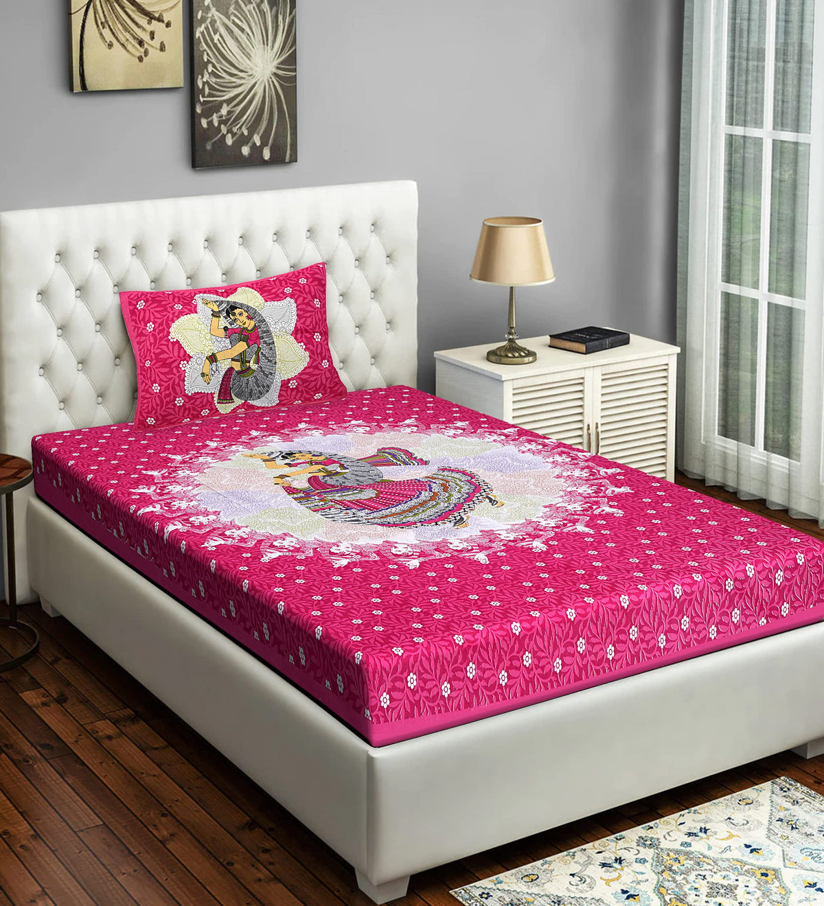 Home@shop Cotton 144 TC Ethnic Single Bedsheet with 1 Pillow Cover,Pack of 1  Pink