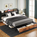 LIKIMIO California King Size Bed Frame, Storage Headboard with Charging Station, Platform Bed with Drawers, No Box Spring Needed