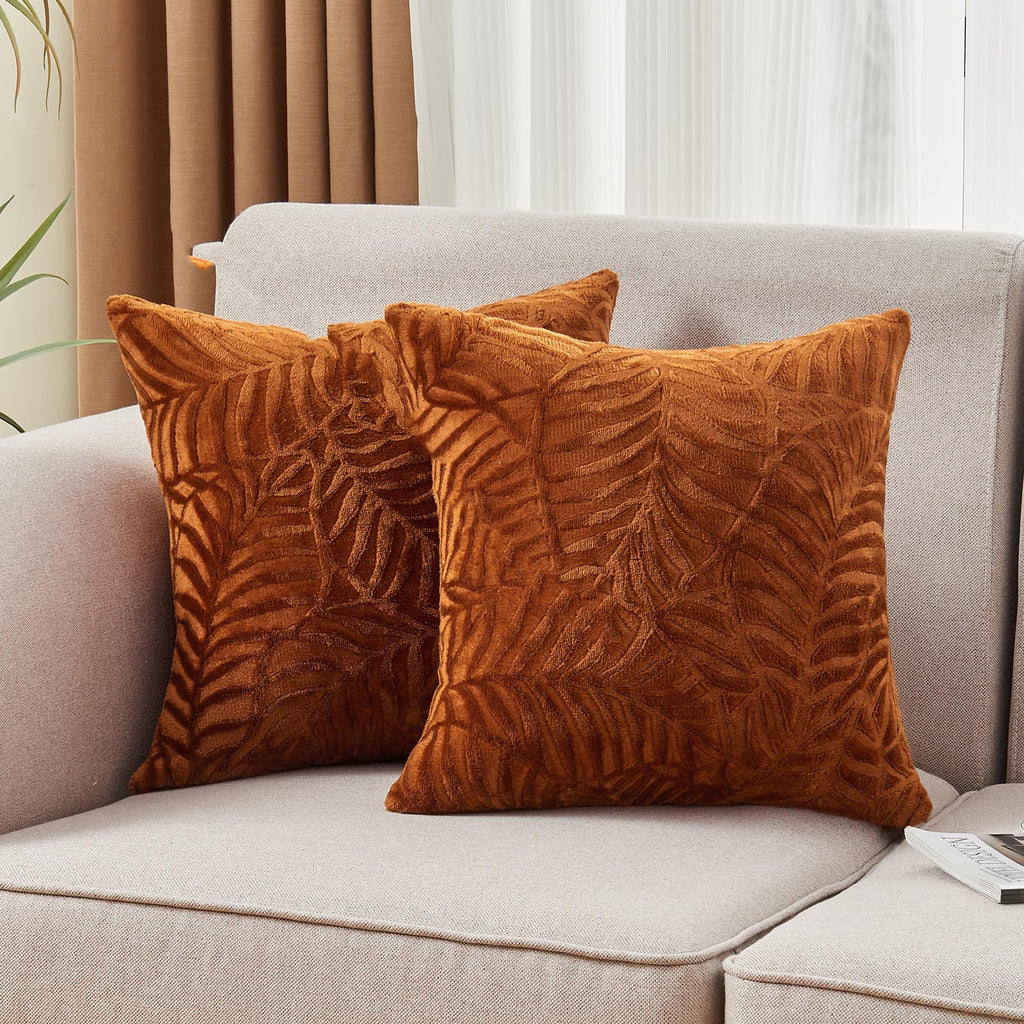 SOCHOW Fall Decorative Throw Pillow Covers 18x18 Inches Set of 2, Soft Leaves Textured Flannel Fleece Pillowcase Square Cushion 