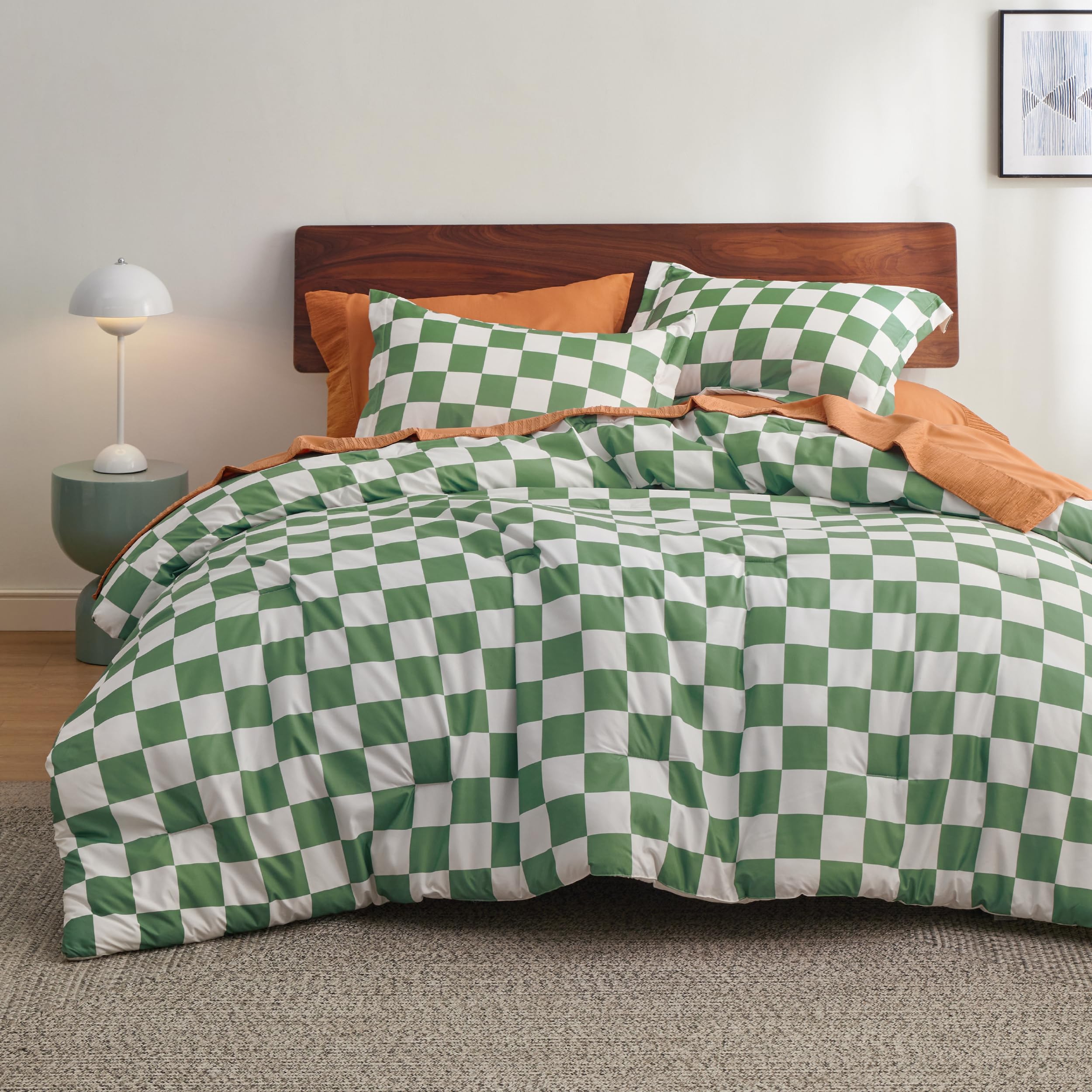 Bedsure Green Checkered Comforter Set - Bedding Comforter Set Queen, Green White Fluffy Grid Plaid Comforter, 3 Pieces, Includes