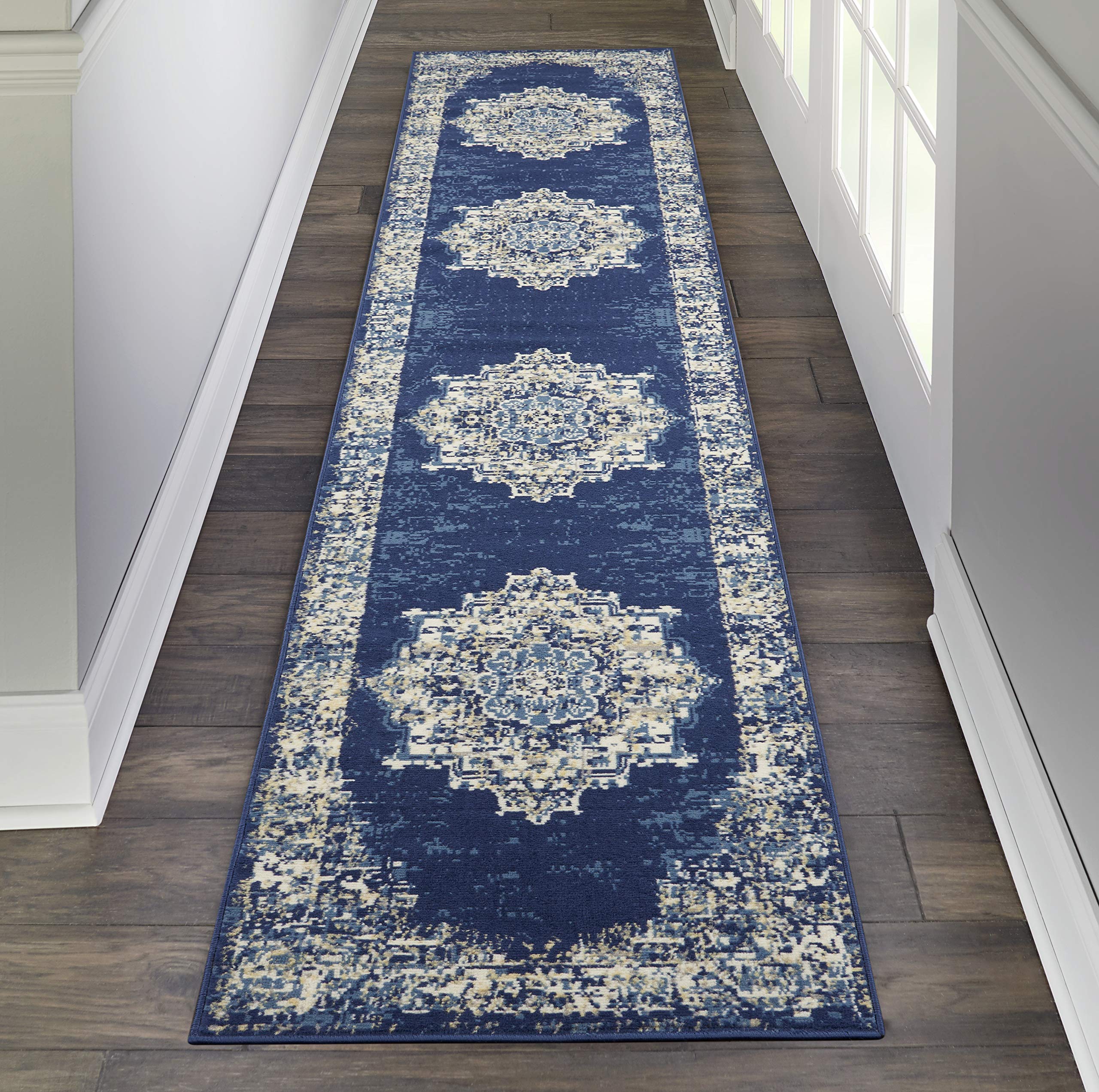 Nourison Grafix Traditional Navy Blue 23 x 10 Area -Rug, Easy -Cleaning, Non Shedding, Bed Room, Living Room, Dining Room, Kit