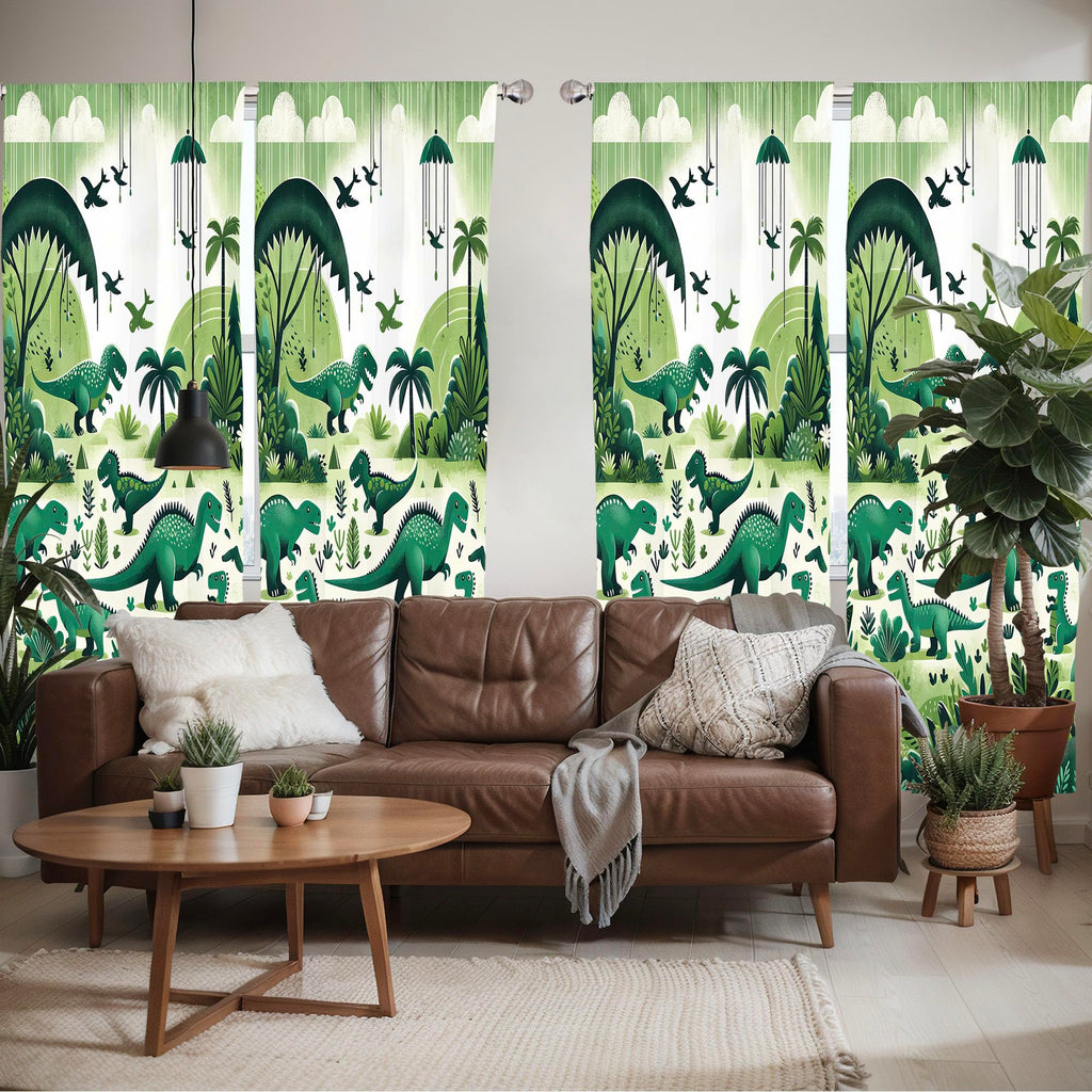 Ambesonne Dinosaur Window Curtains Pack Of 2, Modern Artwork Of Jurassic Scenario With Dino Animals And Wild Jungle, Lightweight