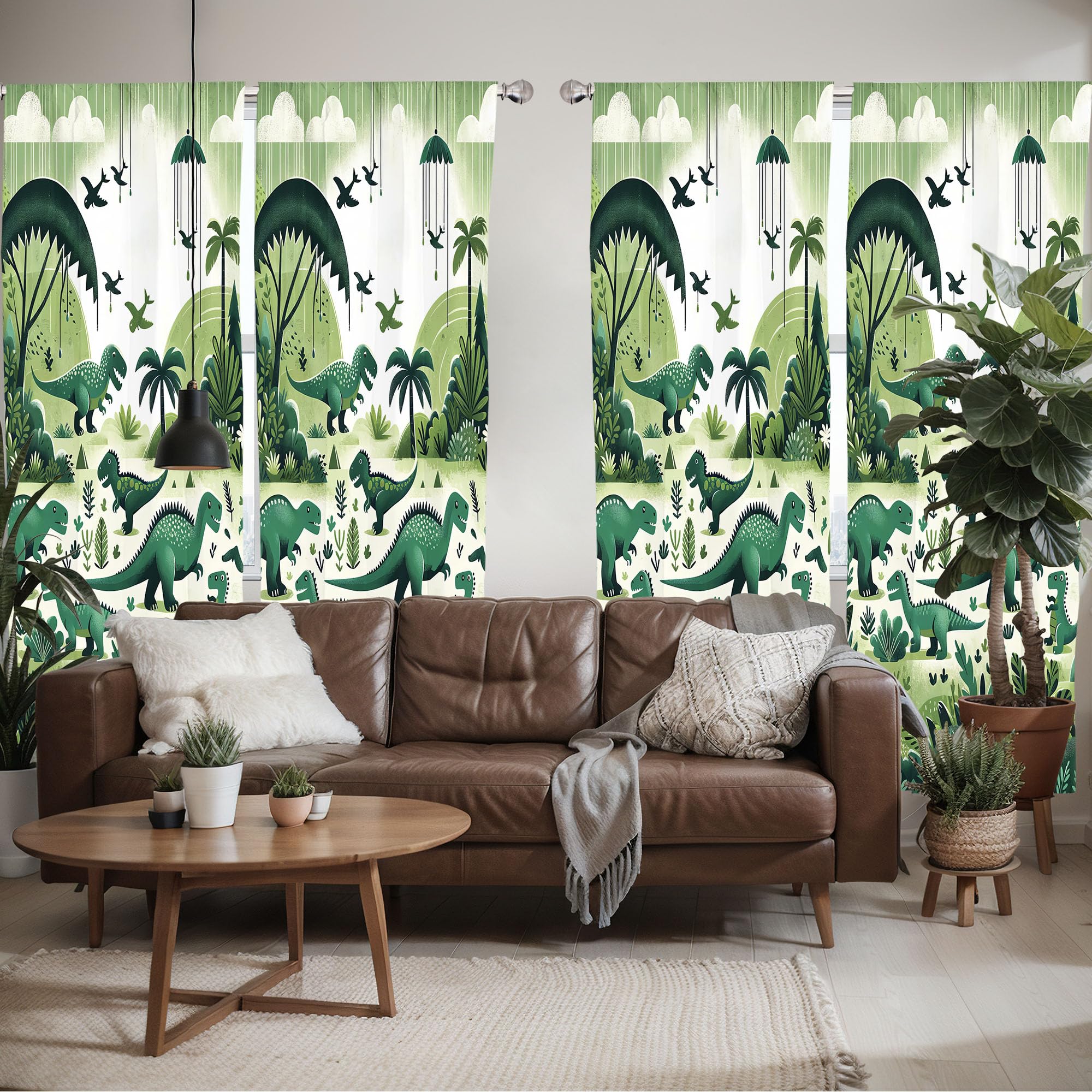 Ambesonne Dinosaur Window Curtains Pack Of 2, Modern Artwork Of Jurassic Scenario With Dino Animals And Wild Jungle, Lightweight