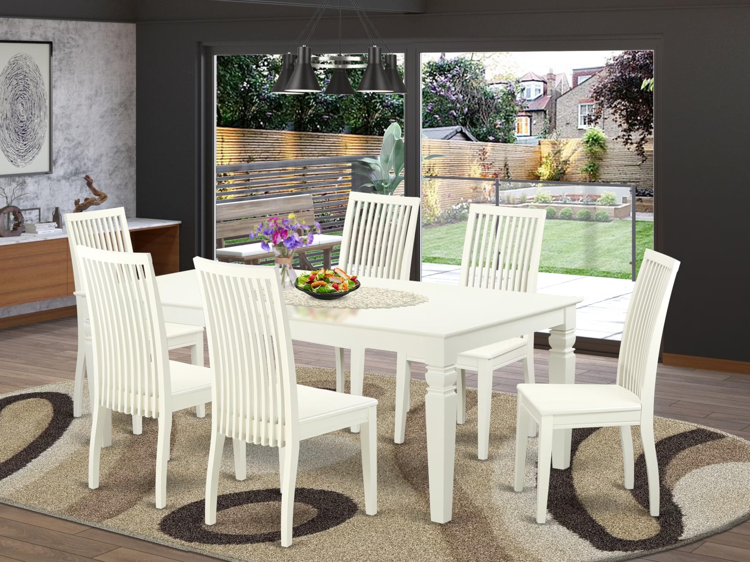 East West Furniture Lgip7-Lwh-W 7 Piece Dining Set Consist Of A Rectangle Dining Room Table With Butterfly Leaf And 6 Wood Seat Chairs, 42X84 Inch, Linen White