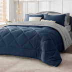 Bedsure Navy Full Size Bed In A Bag - 7 Pieces Reversible Comforter Set Full Bed Set With Comforters, Sheets, Pillowcases & Sham