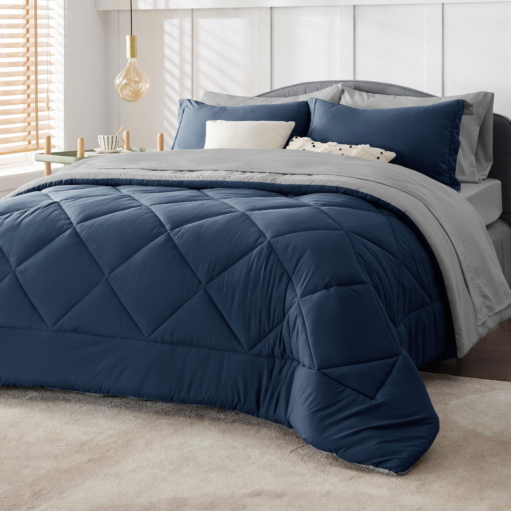 Bedsure Navy California King Comforter Set - 7 Pieces Reversible Bed Set, Bed In A Bag Cal King With Comforters, Sheets, Pillowc