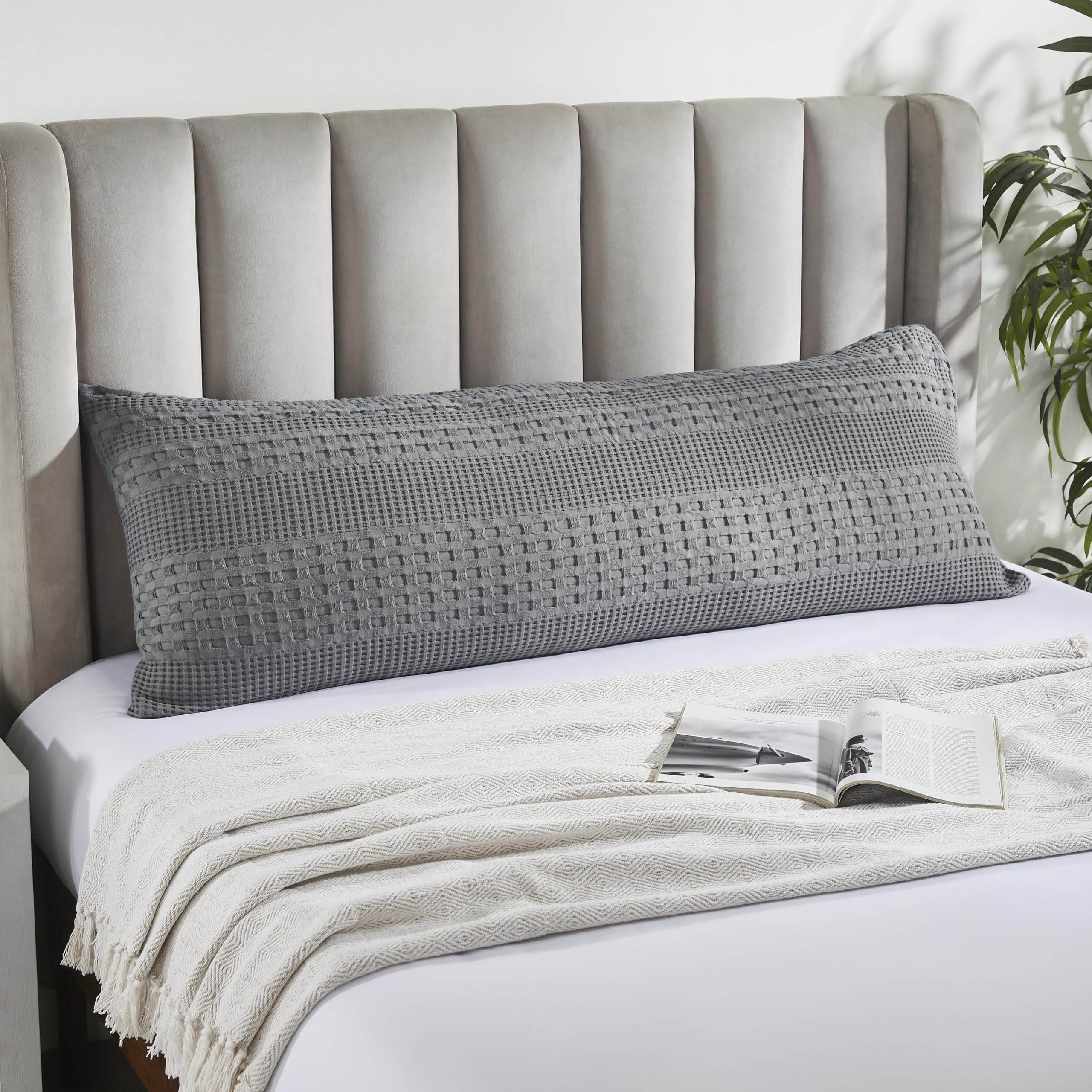 VHC Brands Waffle Weave Dark Gray Body Pillow Cover 20x54, Decorative Throw Pillow Cover/Sham, Boho Farmhouse Bedroom Decor
