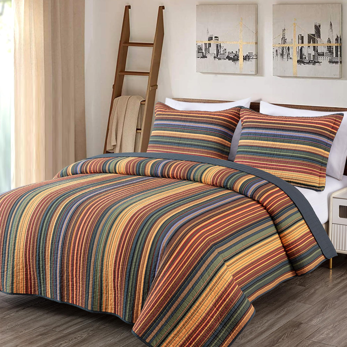 Chezmoi Collection Avery 3Piece Multicolor Striped 100% Washed Cotton Quilt Set Queen Size