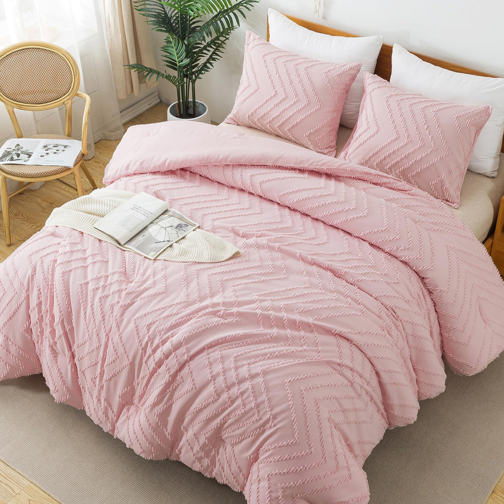 Litanika Pink Queen Size Comforter Sets, 3 Pieces Lightweight Chevron Tufted Bedding Comforter Set, Fluffy Down Alternative Comf