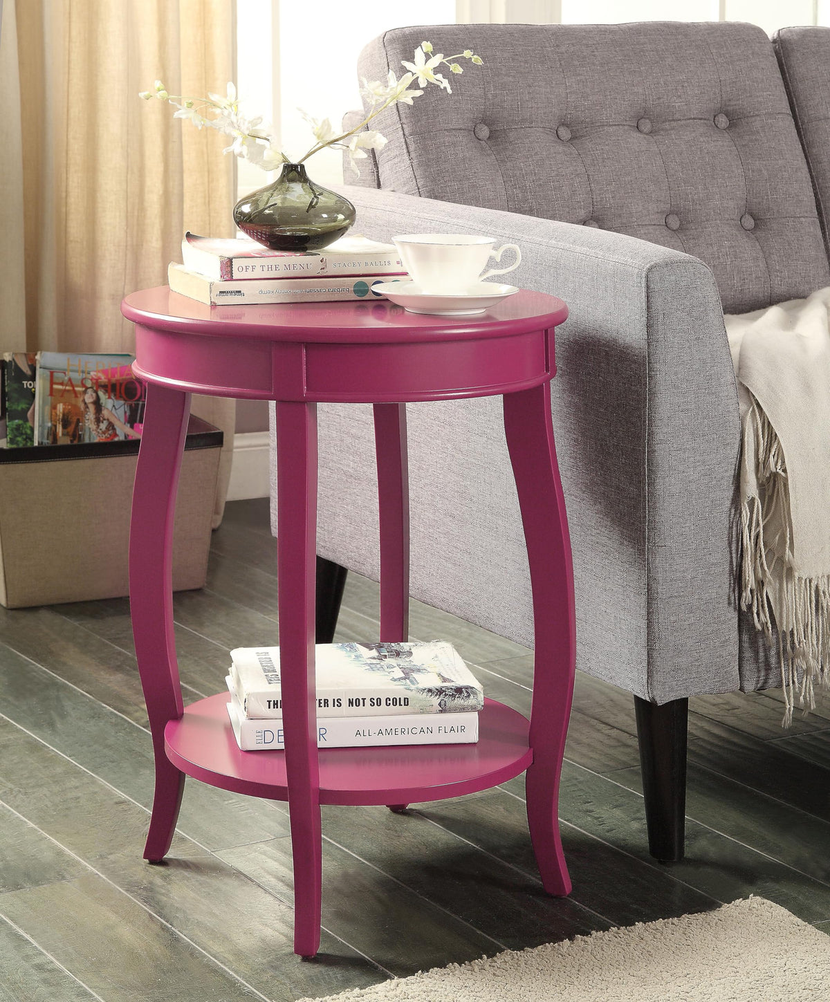 Acme Aberta Wood Round End Table With Bottom Shelf In Red