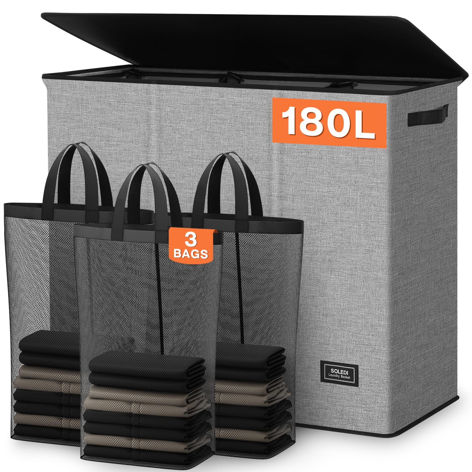 SOLEDI 180L Laundry Hamper 3 Section, Extra Large Laundry Hamper with Lid, Dirty Clothes Hamper with Sturdy Handle, Large Laundr