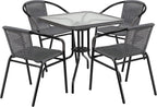28 Square Glass Metal Table with Gray Rattan Edging and 4 Gray Rattan Stack Chairs