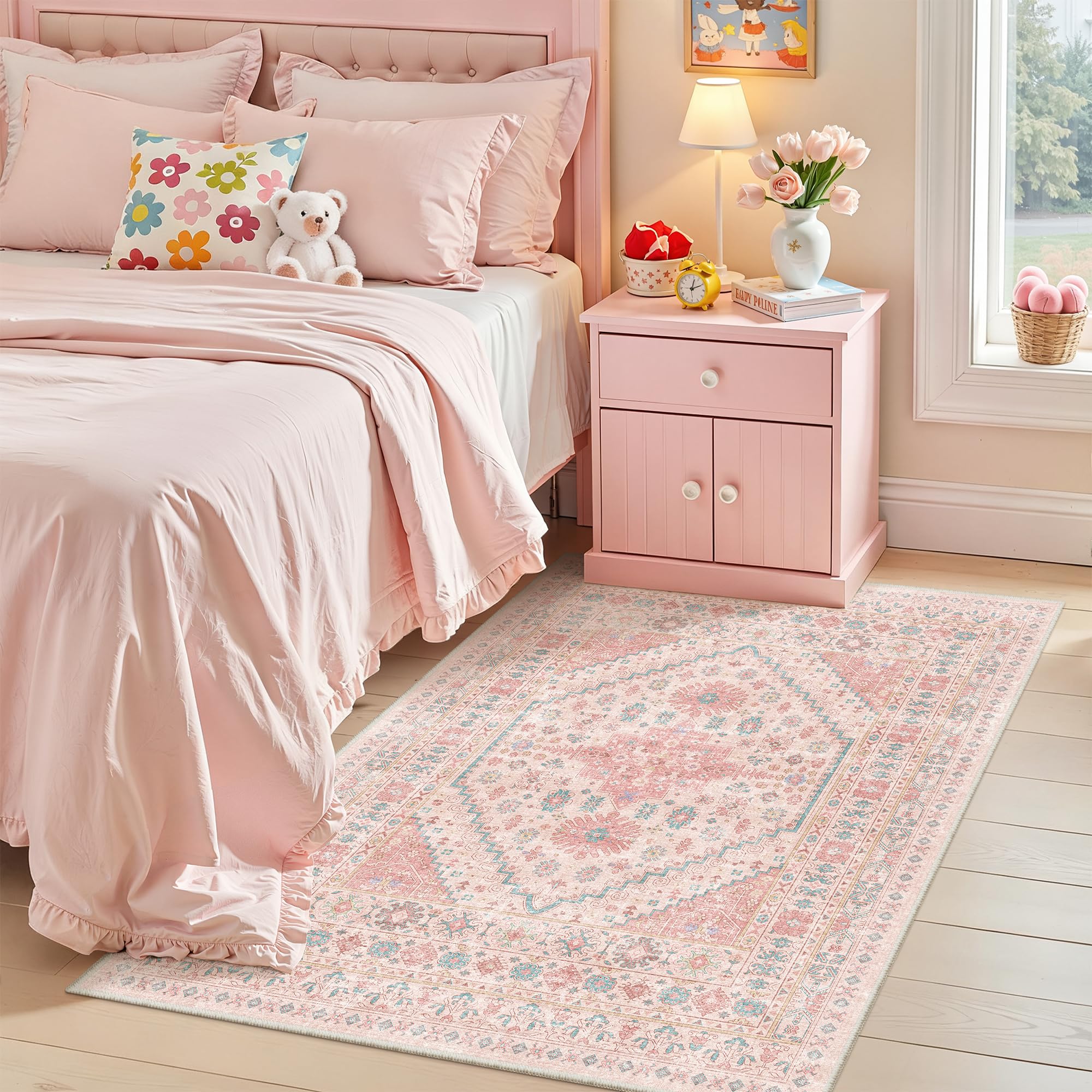 zesthome Pink Rug - 4x6 Area Rugs for Bedroom, Stain Resistant Washable Rugs for Nursery Room, Living Room, Home Decor, Girls Ru