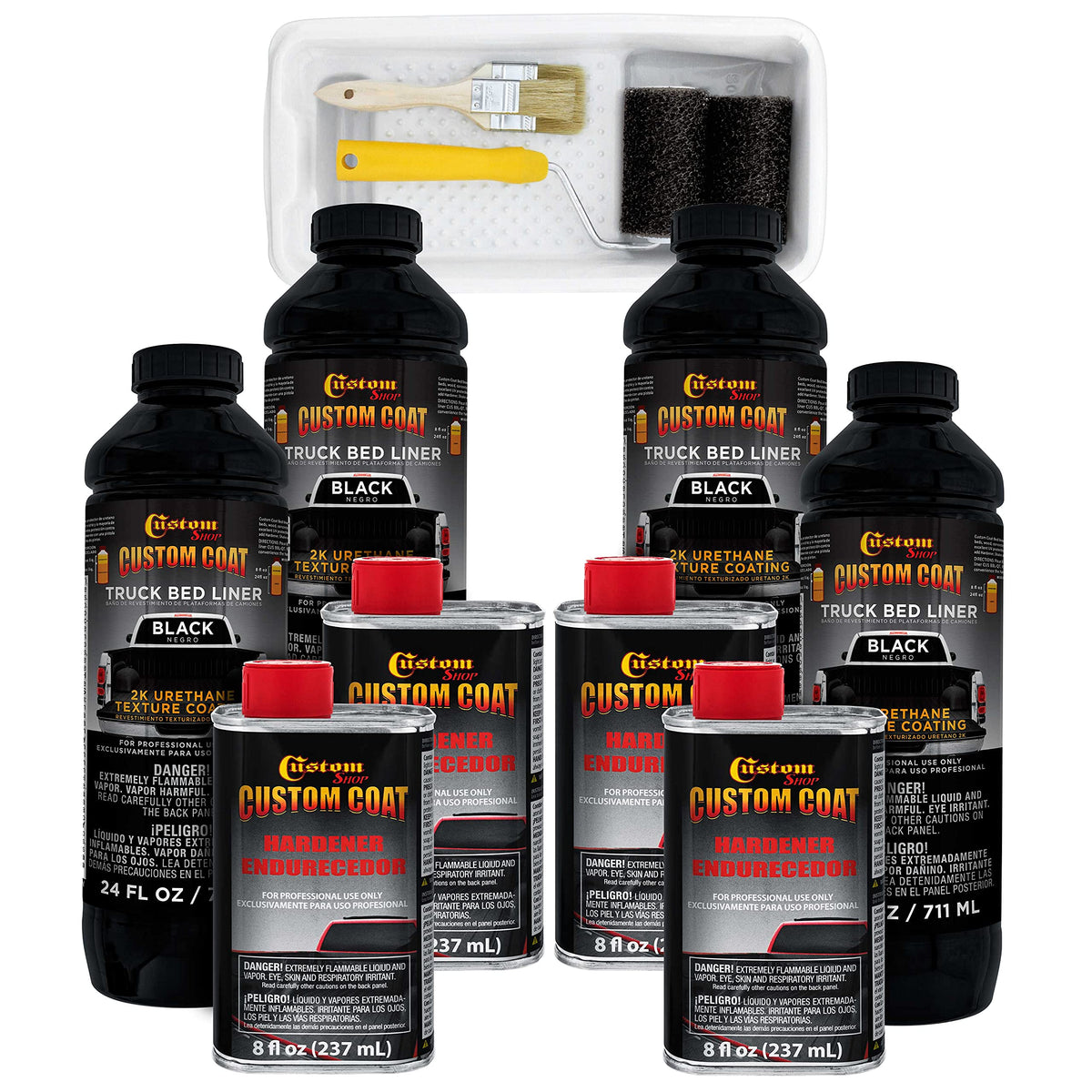 Custom Coat Black 1 Gallon Urethane Roll-On, Brush-On Or Spray-On Truck Bed Liner Kit With Roller And Brush Applicator Kit - 3 T