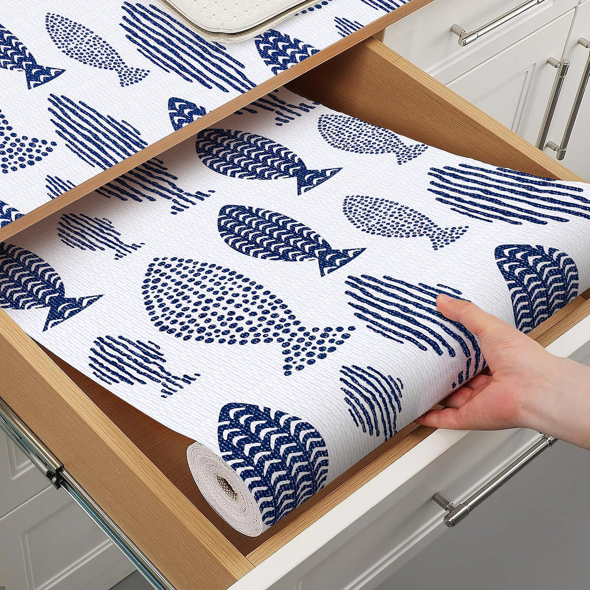 Terravue Blue Fish Drawer Shelf Liner for Kitchen Cabinets 15.7IN x 16.4FT
