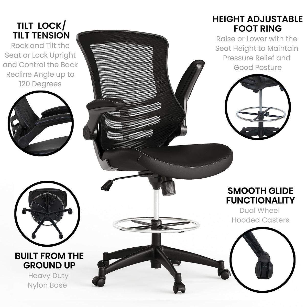 Flash Furniture Kelista Mid-Back Swivel Office Chair with Adjustable LeatherSoft Seat Height, Ergonomic Mesh Chair with Flip-Up Arms, Black
