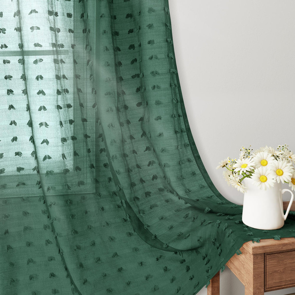 Guken Sheer Curtains 84 in Long Pom Pom for Living Room W38xL84 Emerald Green