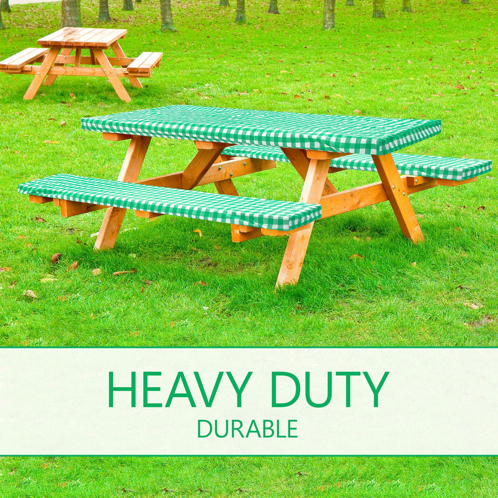Linpro 8Ft Vinyl Fitted Picnic Table Cover With Bench Covers. Outdoor Checkered Picnic Tablecloth For Camper And Rv Accessories. 3 Piece Set Camping Essentials. Waterproof, With Elastic Edges. 96'