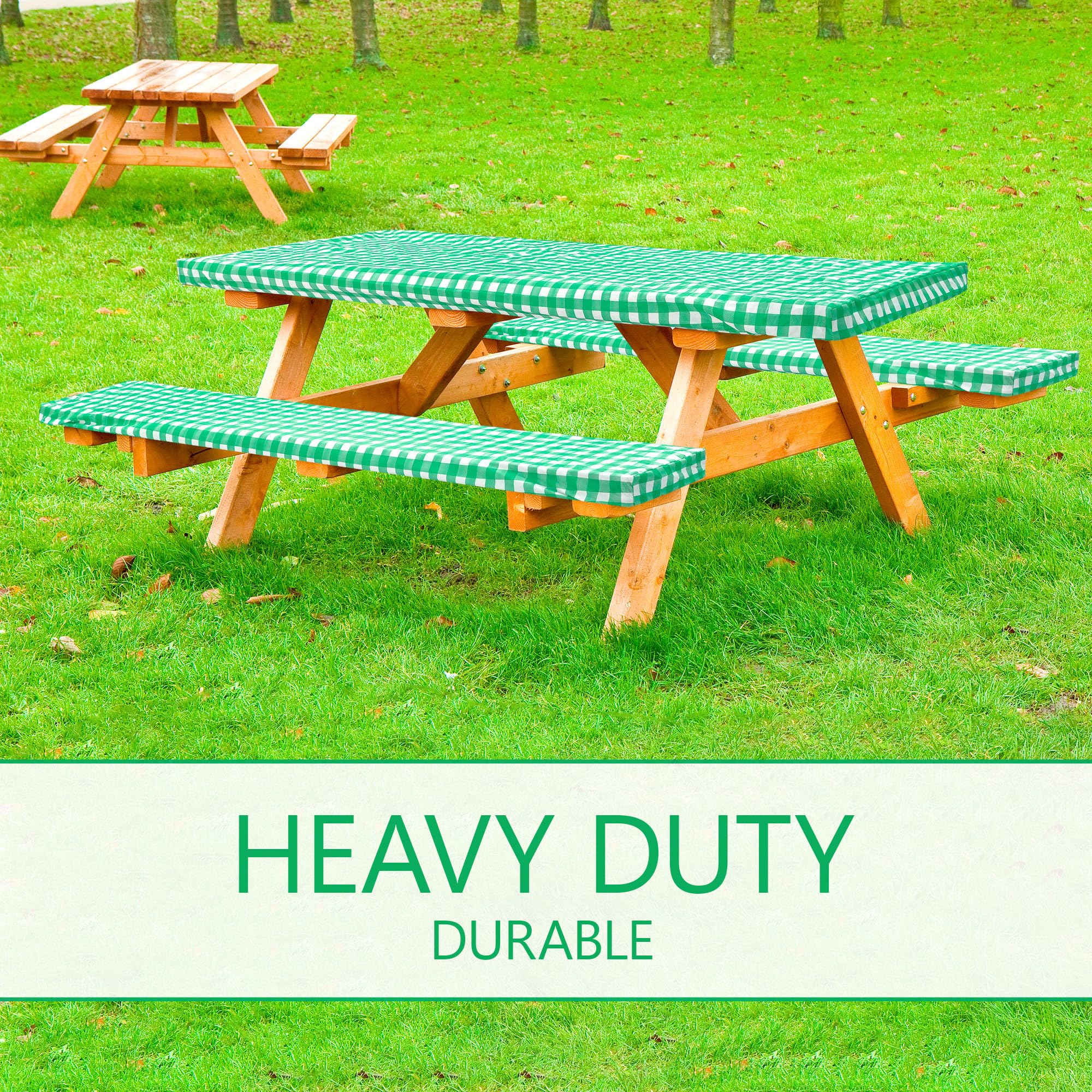 Linpro 8Ft Vinyl Fitted Picnic Table Cover With Bench Covers. Outdoor Checkered Picnic Tablecloth For Camper And Rv Accessories. 3 Piece Set Camping Essentials. Waterproof, With Elastic Edges. 96'
