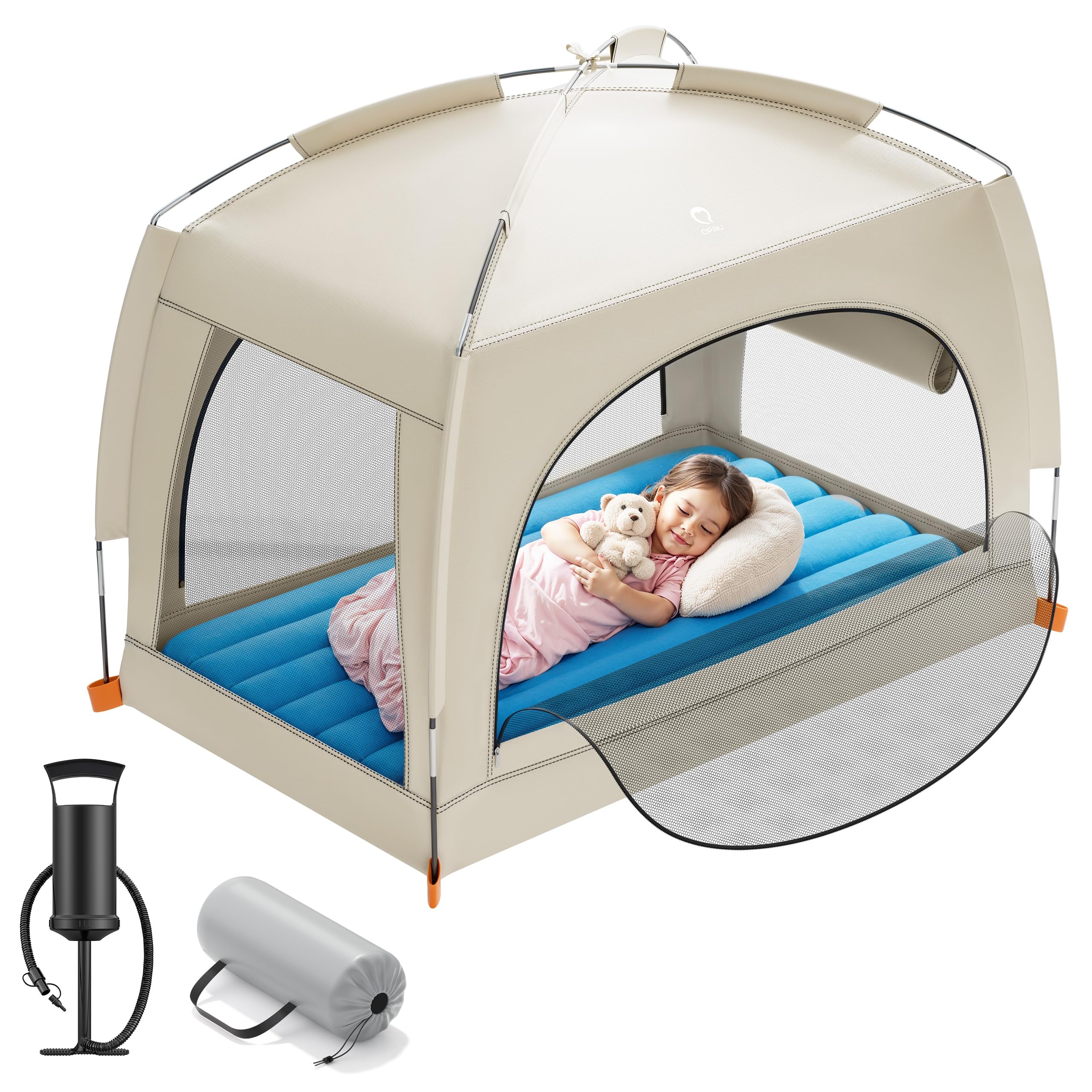 QPAU Inflatable Toddler Travel Bed with Tent - Lightweight Blow Up Kids Air Mattress with Hand Pump - Indoor & Outdoor Portable 