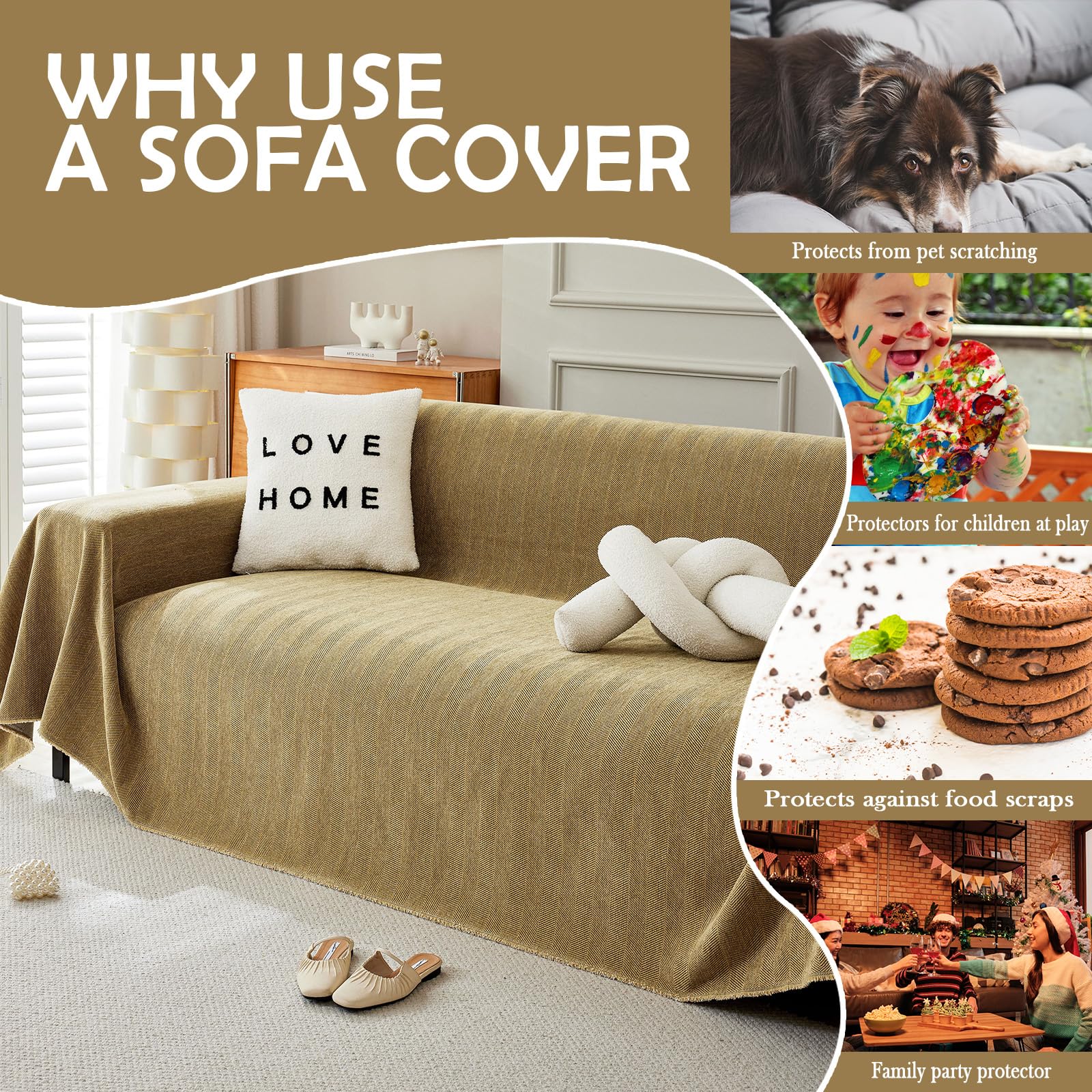 Handontime Couch Covers For Pets Boho Mustard Yellow Love Seat Couch Covers Brown Sofa Cover For Dogs Pet Couch Protector Chenille Tassel Sofa Slipcovers Sofa Throw Cover Boho Decor, 91' X150'