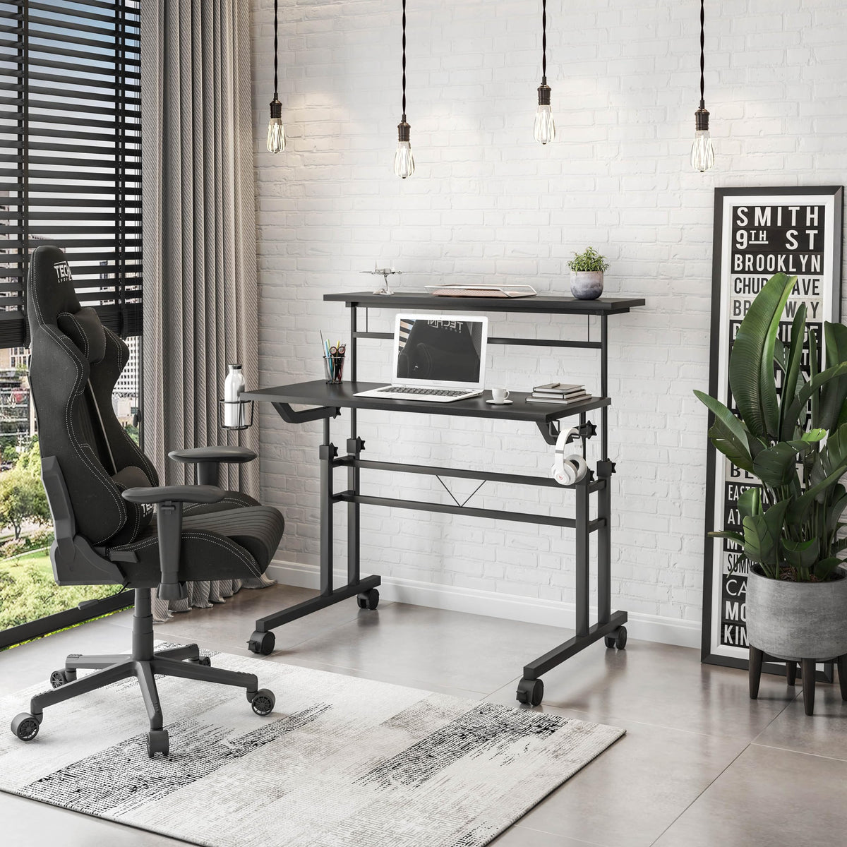 Techni Mobili Rolling Standing Desk, Two-Tier Height Adjustable Mobile Office or Gaming Desk with Wheels and Cup Holder, for Sitting or Standing Setups Black
