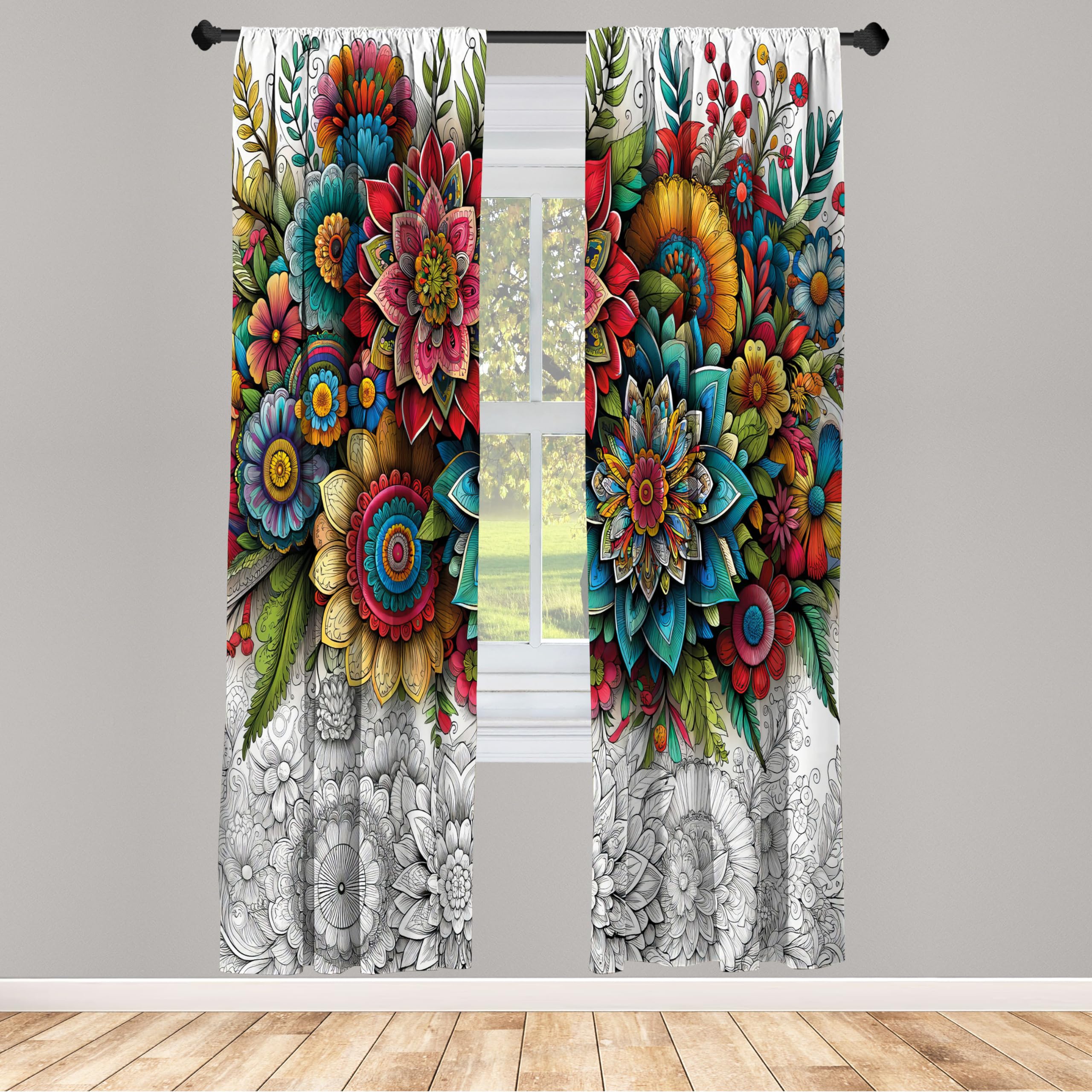 Ambesonne Modern Window Curtains Pack Of 2, Jumble Colors Illustration Of Oriental Floral Motif With Greenery Leaves, Lightweigh