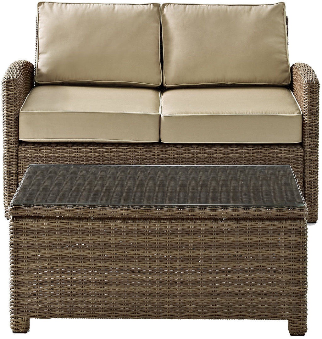 Crosley Furniture Bradenton 2-Piece Wicker Outdoor Coffee Table and Loveseat Patio Furniture Set for Porch, Brown with Sand Cushions