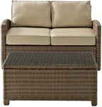 Crosley Furniture Bradenton 2-Piece Wicker Outdoor Coffee Table and Loveseat Patio Furniture Set for Porch, Brown with Sand Cushions