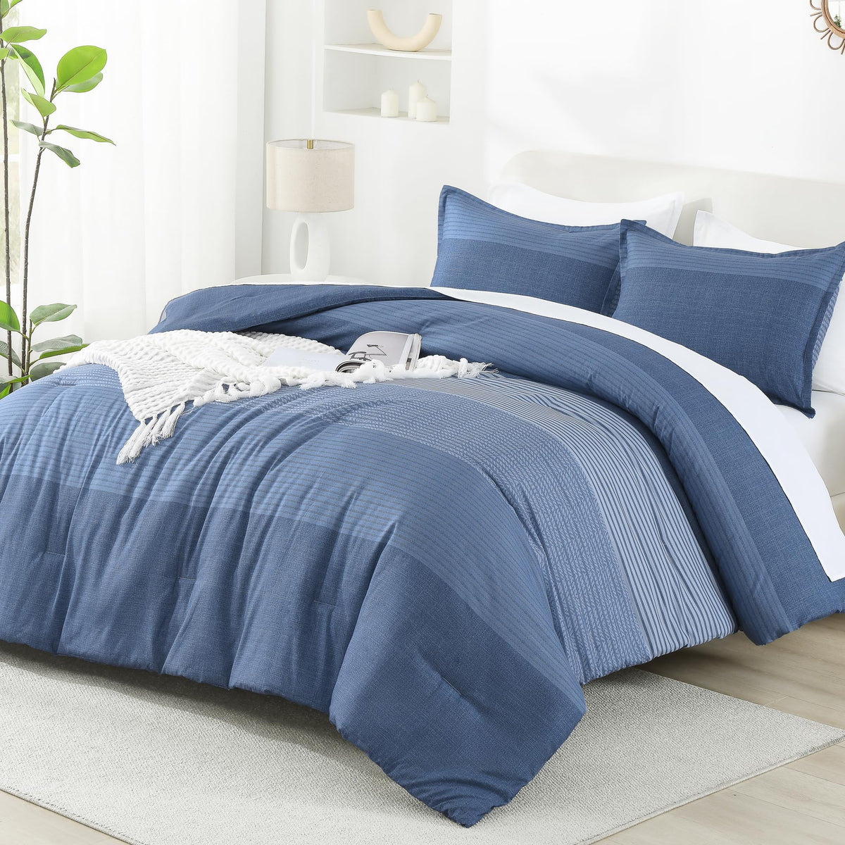 Litanika Comforter Set Queen Size Sapphire Blue - 3 Pieces Lightweight Sapphire Blue White Colorblock Stripe Fluffy Bedding Comf