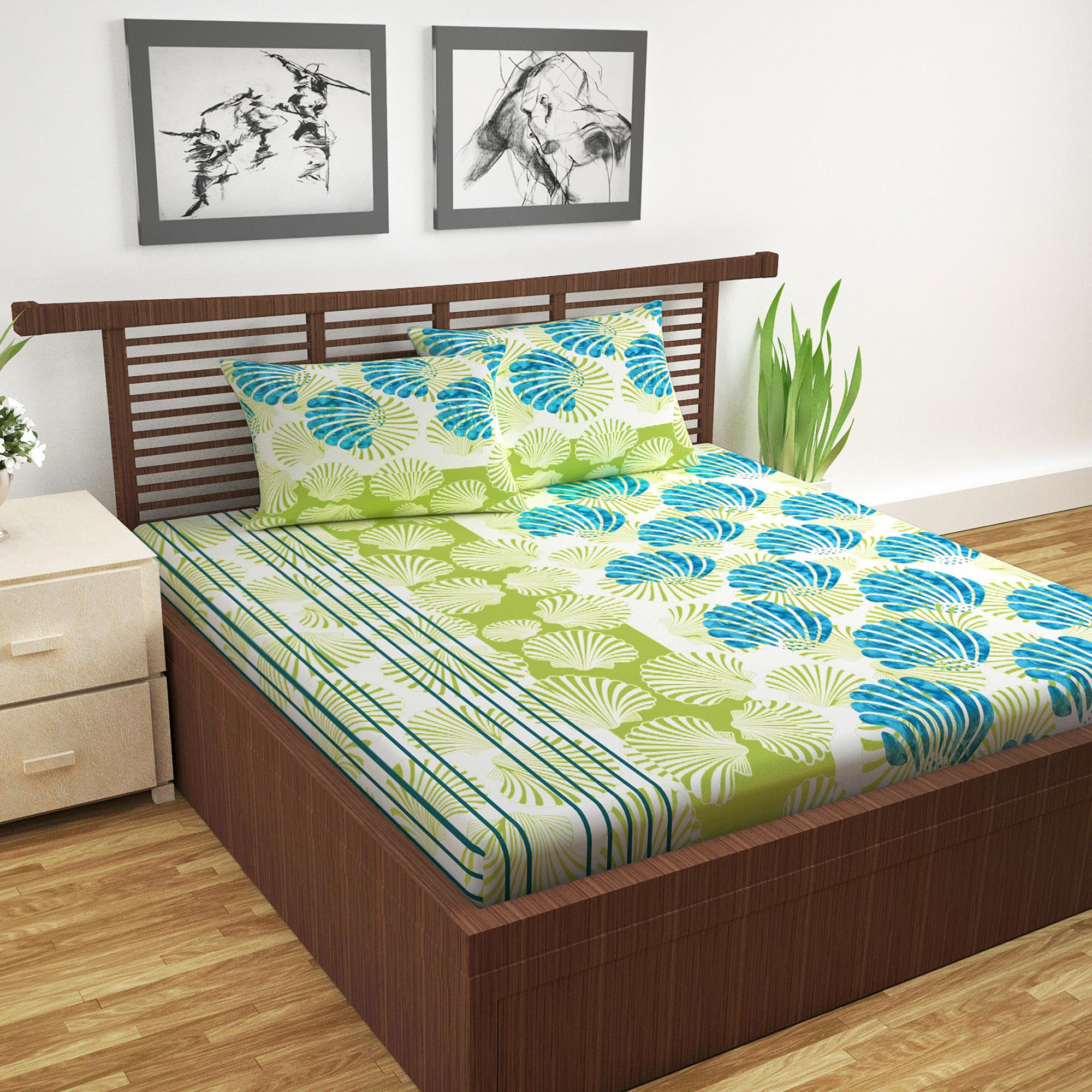 Divine Casa 144 Tc 100% Cotton Bedsheet For Double Bed With 2 Pillow Cover (222 X 254 Cm, Ocean Green, Geometric)