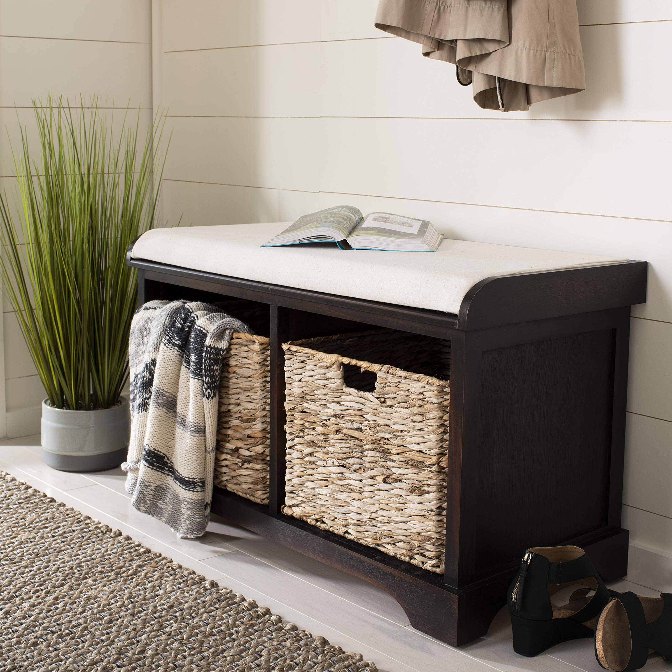 Safavieh Home Collection Freddy Brown/ Wicker Basket 2-Drawer Storage Bench With Cushion (Fully Assembled)