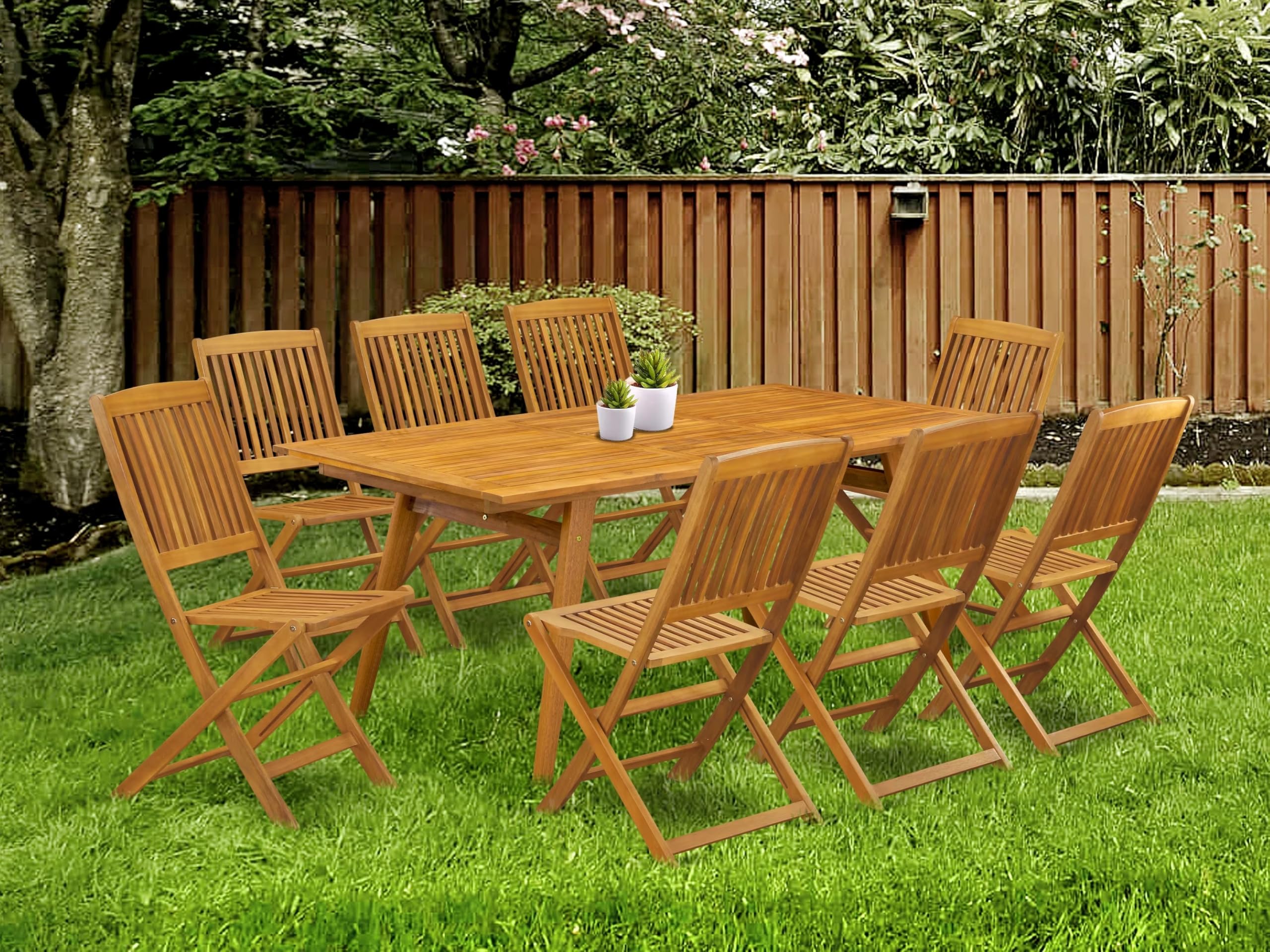 East West Furniture Decm9Cwna 9 Piece Patio Dining Set Includes A Rectangle Outdoor Acacia Wood Table And 8 Folding Side Chairs, 40X72 Inch, Natural Oil