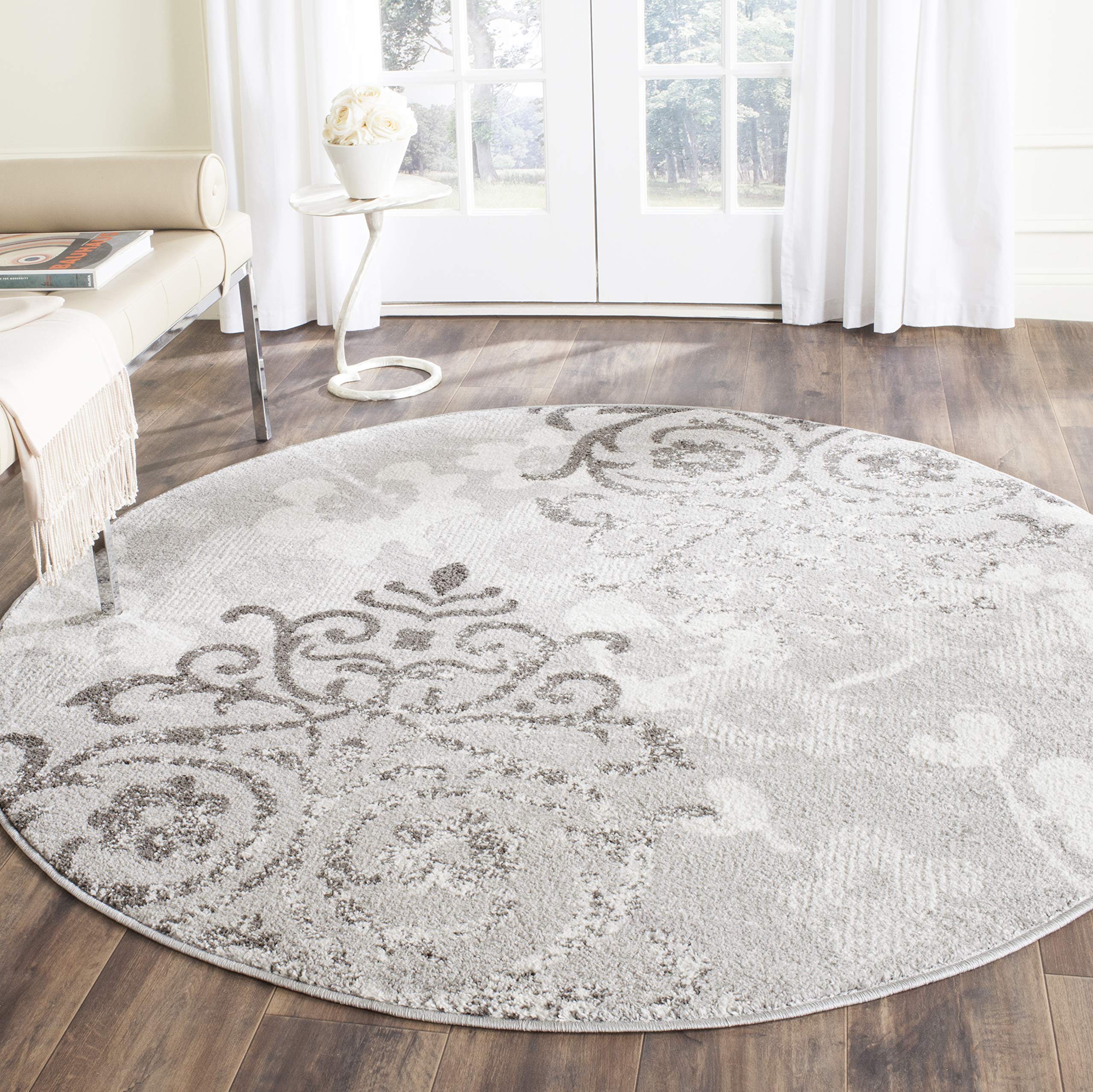SAFAVIEH Adirondack Collection 11 Round Silver / Ivory ADR114B Floral Glam Damask Distressed Non-Shedding Dining Room Entryway 
