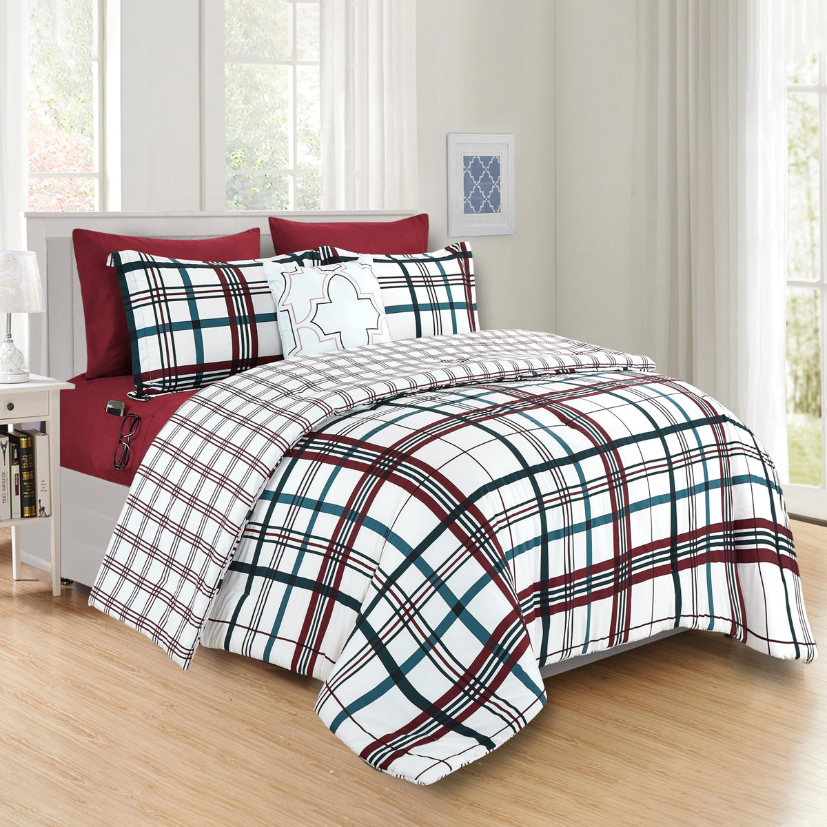 Elegant Comfort 8- Piece Lodge Plaid Reversible Comforter Set Bed-In-A-Bag Set - Silky Soft Complete Set Includes Bed Sheet Set With Double Sided Storage Pockets, Full/Queen, Burguundy