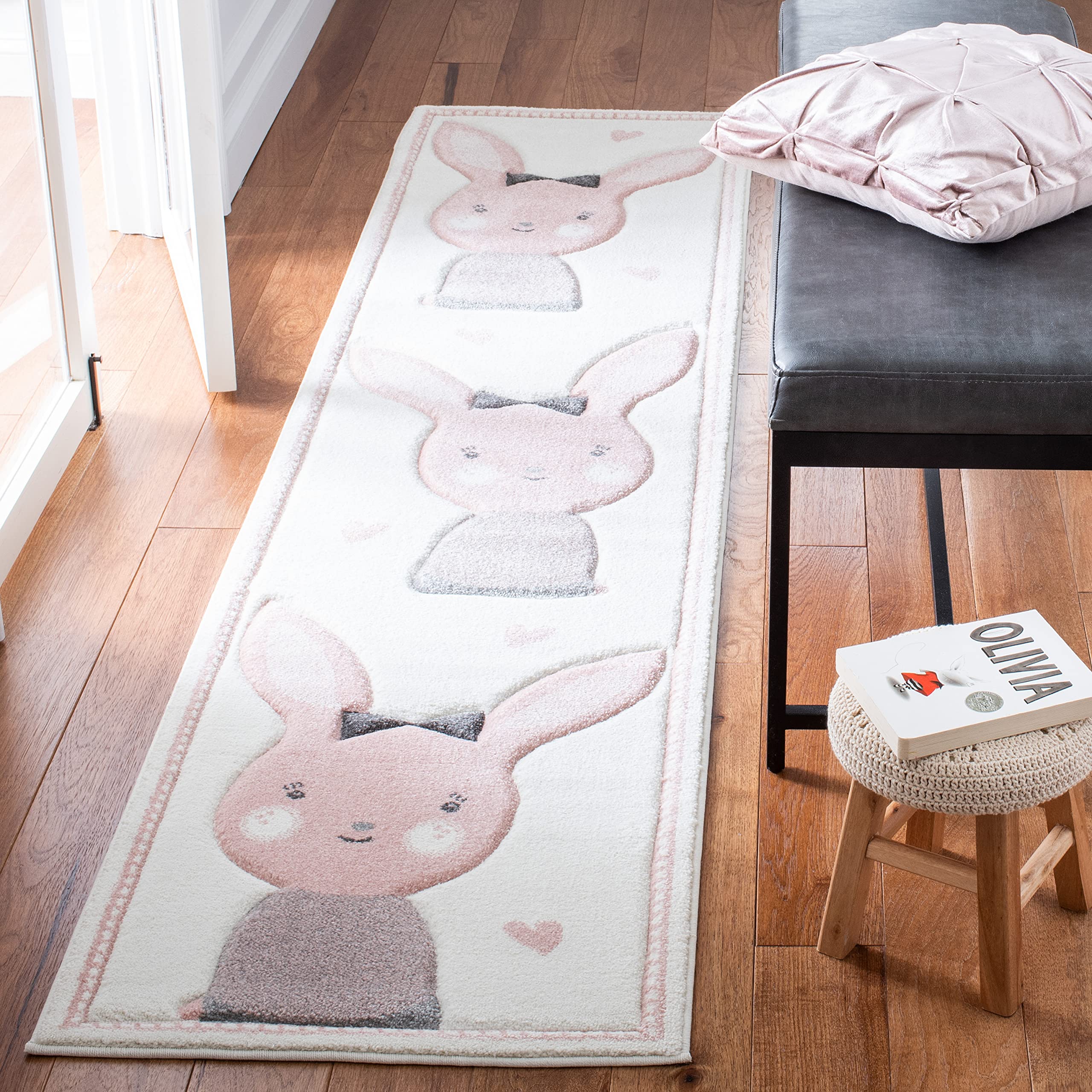 SAFAVIEH Carousel Kids Collection Runner Rug - 2 x 8, Ivory & Pink, Bunny Design, Non-Shedding & Easy Care, Ideal for High Tra