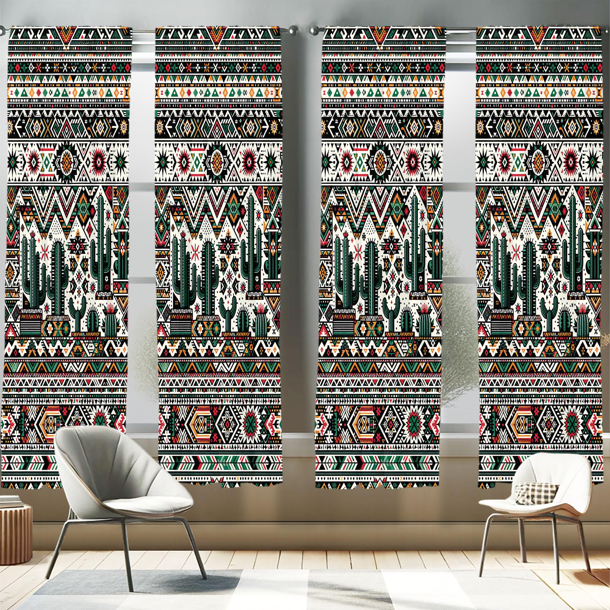 Ambesonne Mexican Window Curtains Pack of 2, American Traditional Art Cactus with Traditional Aztec Chevron Details, Lightweight
