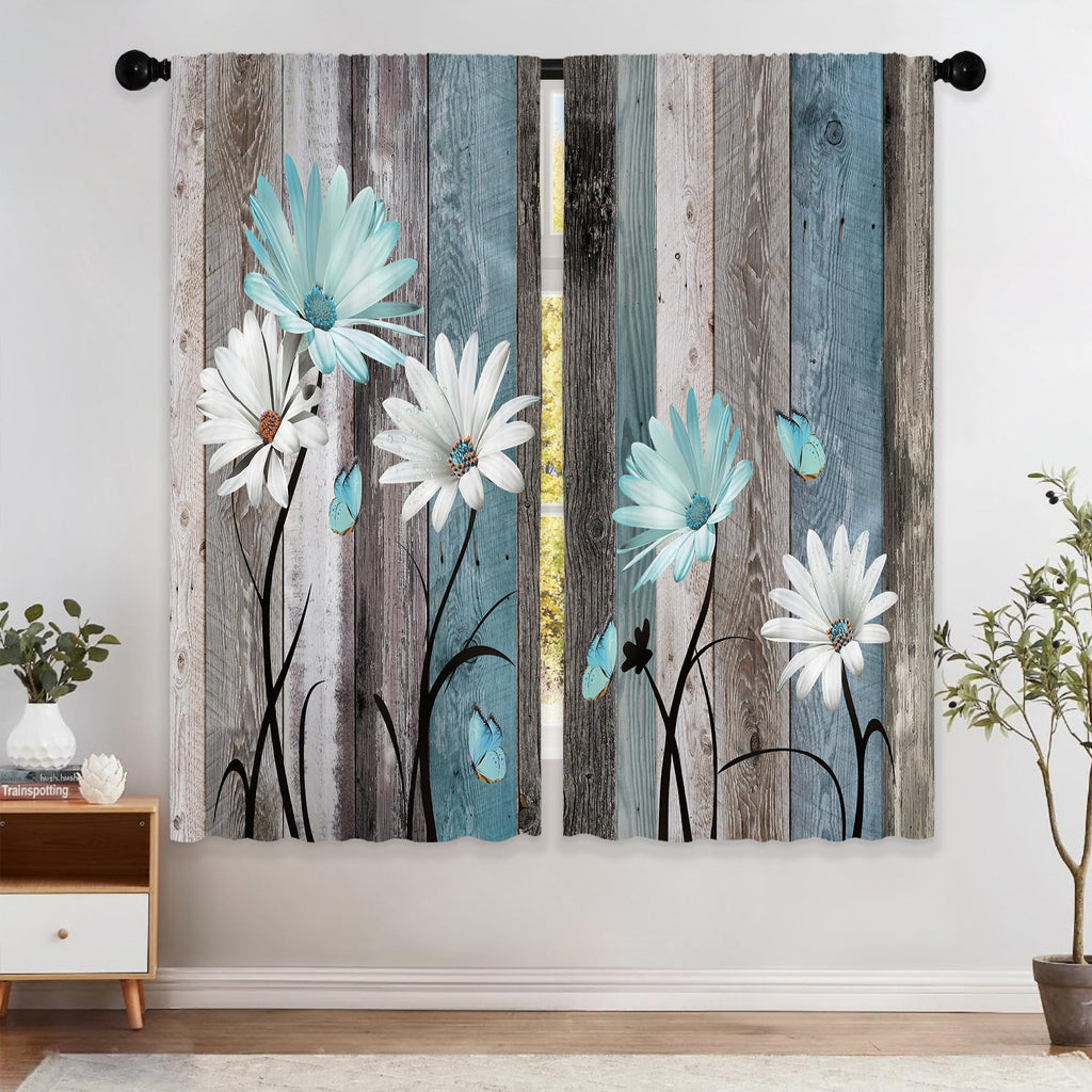 Laifzere Teal Farmhouse Daisy Curtains, Wooden Flower Window Curtains 29x63 Inch for Bedroom Living Room Decor, Rustic Floral Bu