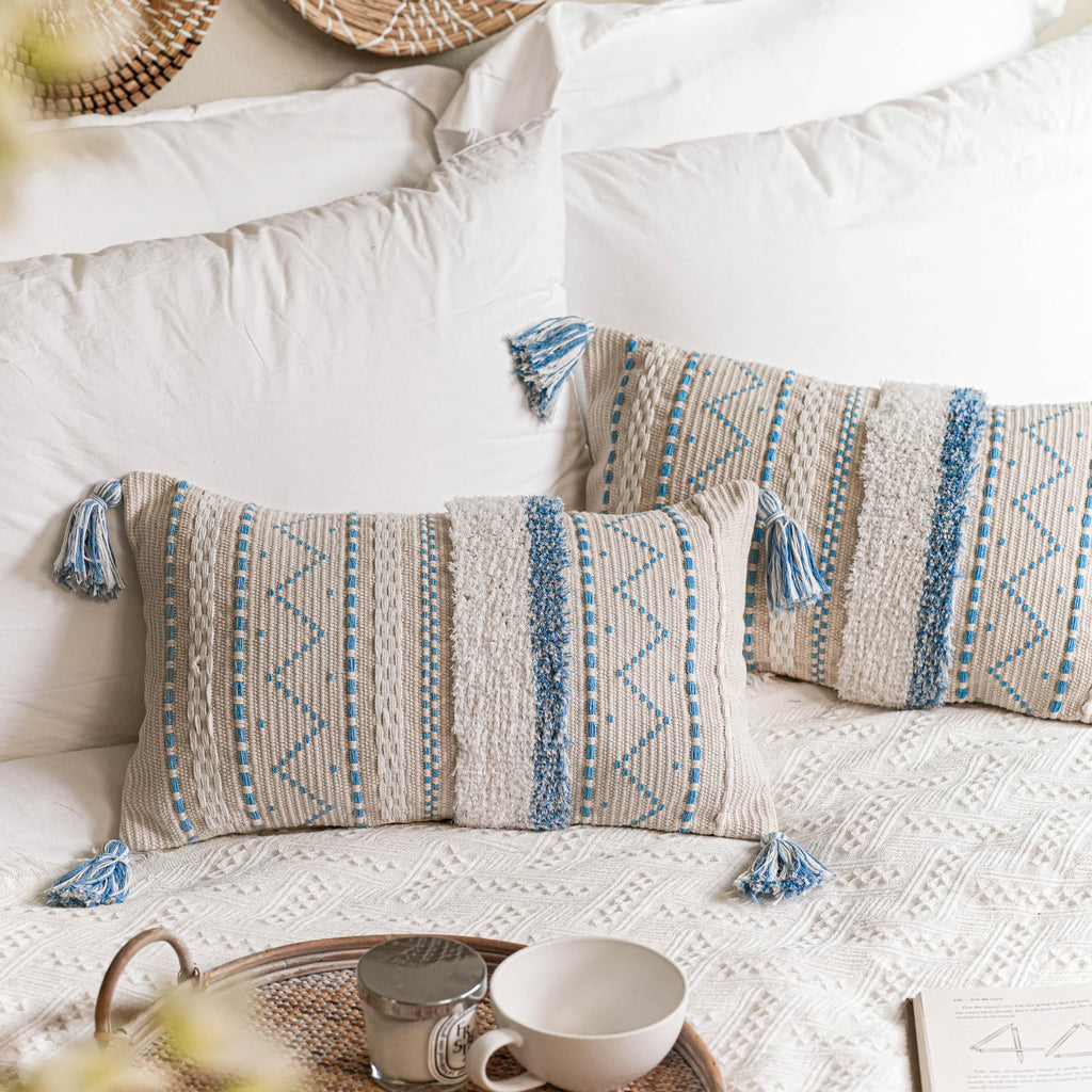 Blissblush Blue Decorative Lumbar Throw Pillow Cover 12X20 Combo Set Of 2 Rectangular Coastal Boho Accent Pillowcase Neutral Far