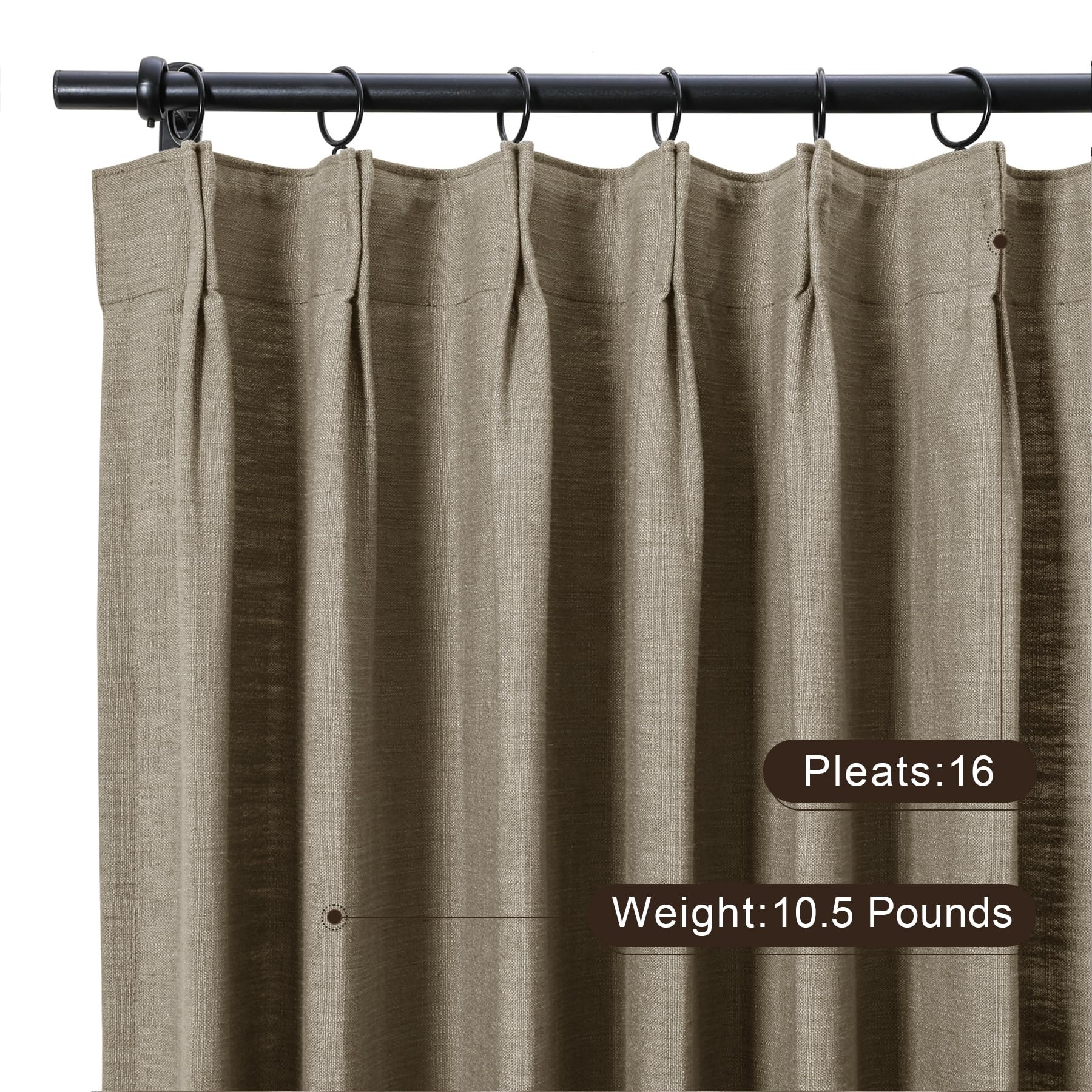 Twopages Double Layer Lined Curtain Taupe Grey Linen Blend Light Filtering Pinch Pleat Curtain For Kitchen, Room Darkening Windo