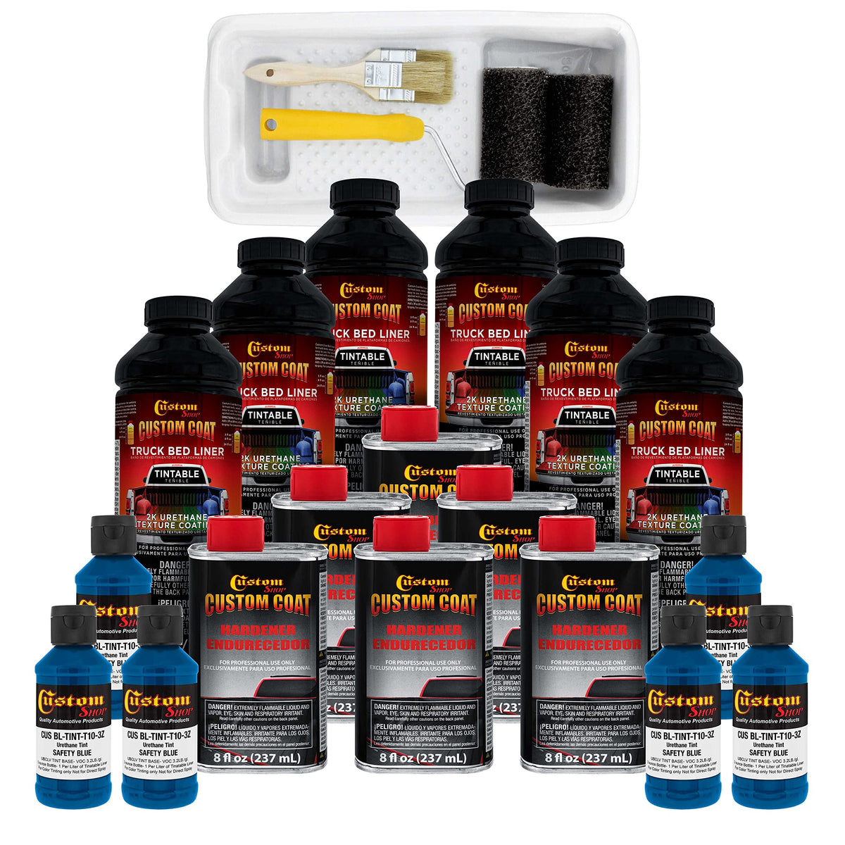Custom Coat Safety Blue 1.5 Gallon (6 Quart) Urethane Roll-On, Brush-On Or Spray-On Truck Bed Liner Kit With Roller And Brush Ap