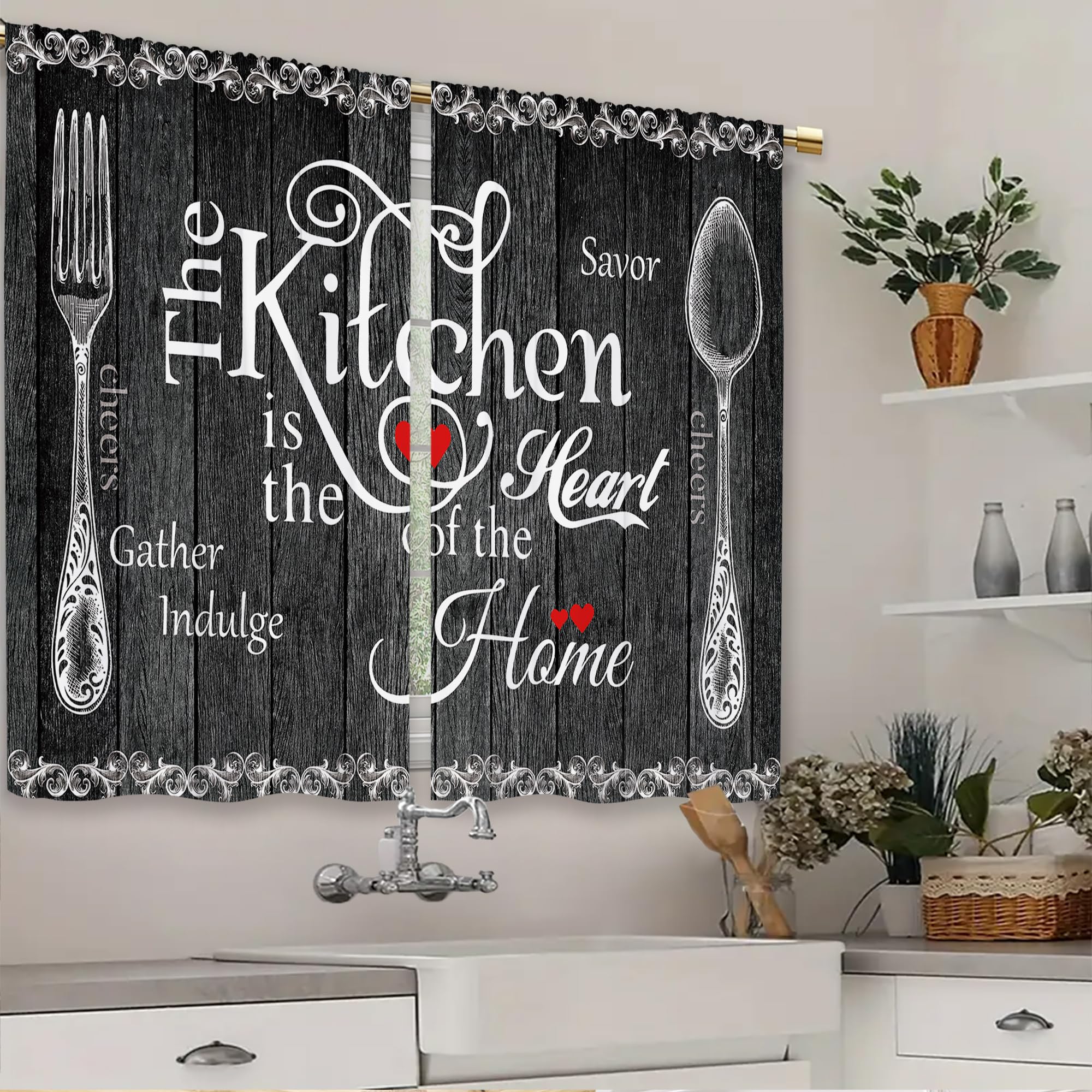 Laifzere Black Farmhouse Rustic Kitchen Curtains Wooden Wood Small Short Cafe Window Curtains Vintage Fork Spoon Retro Barn Bath