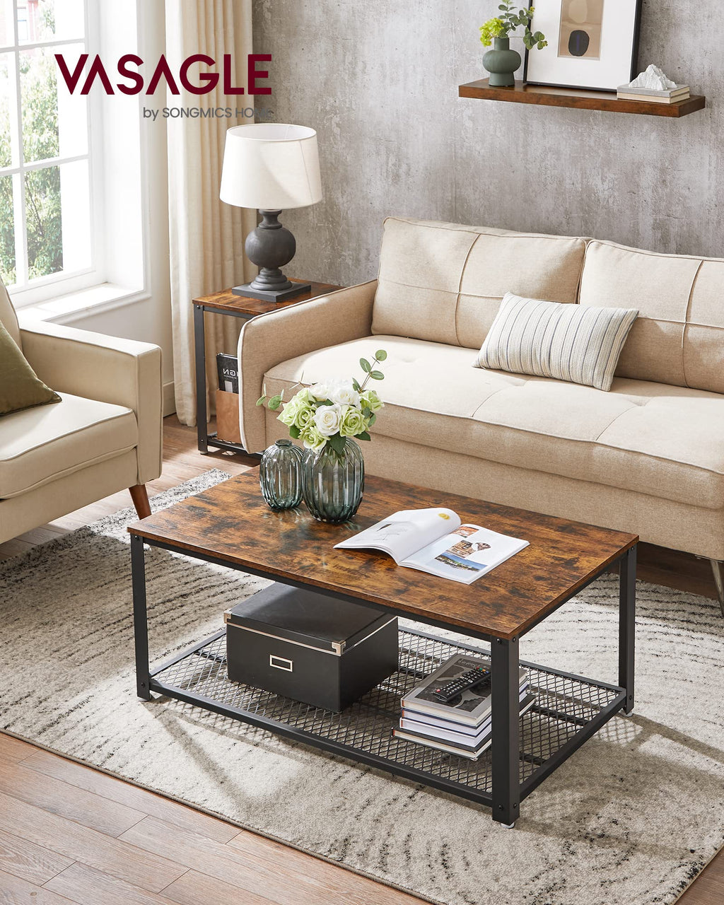 VASAGLE Coffee Table, 2-Tier Industrial Design, Steel Frame, 23.7"D x 41.8"W x 17.7"H, Rustic Brown, Model ULCT61